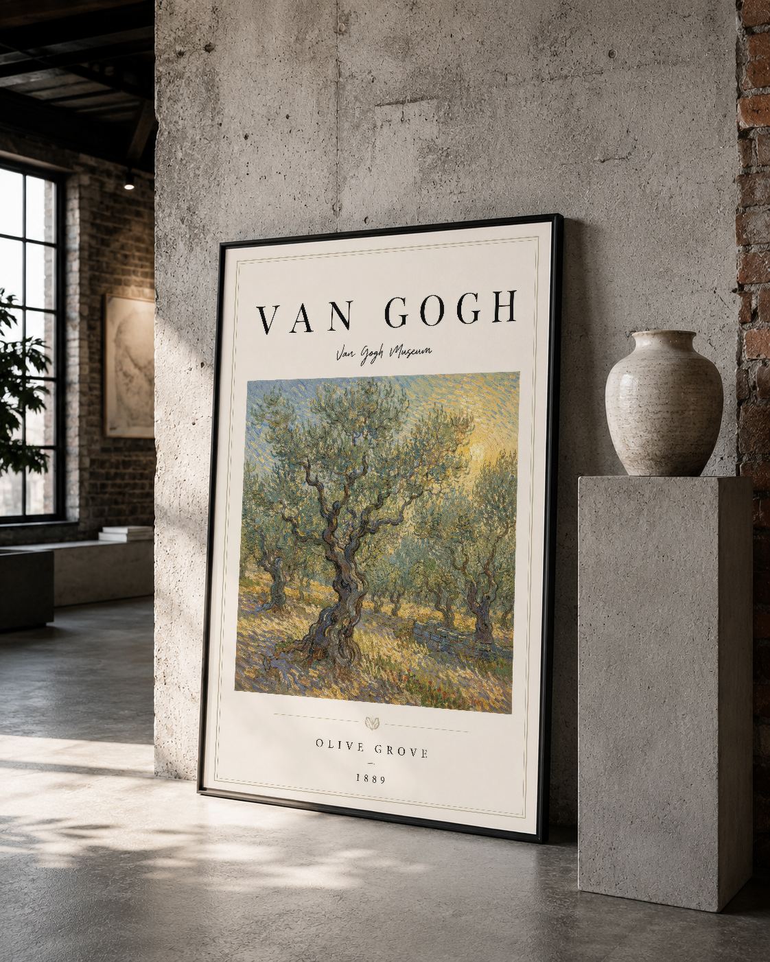 Van Gogh Olive Grove siyah çerçeveli tablosu, çağdaş galeriye uygun zarif sanat sergileme.