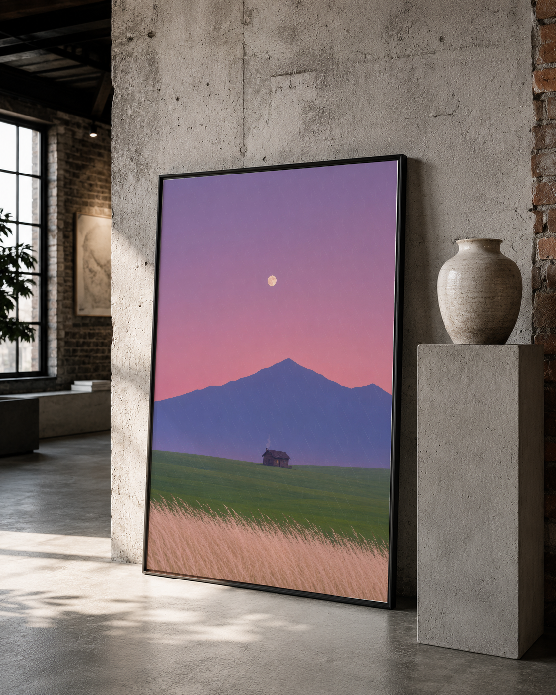 Siyah çerçeveli, gün batımı manzarası tablosu modern beton mekanında sergilenen sanat eseri.