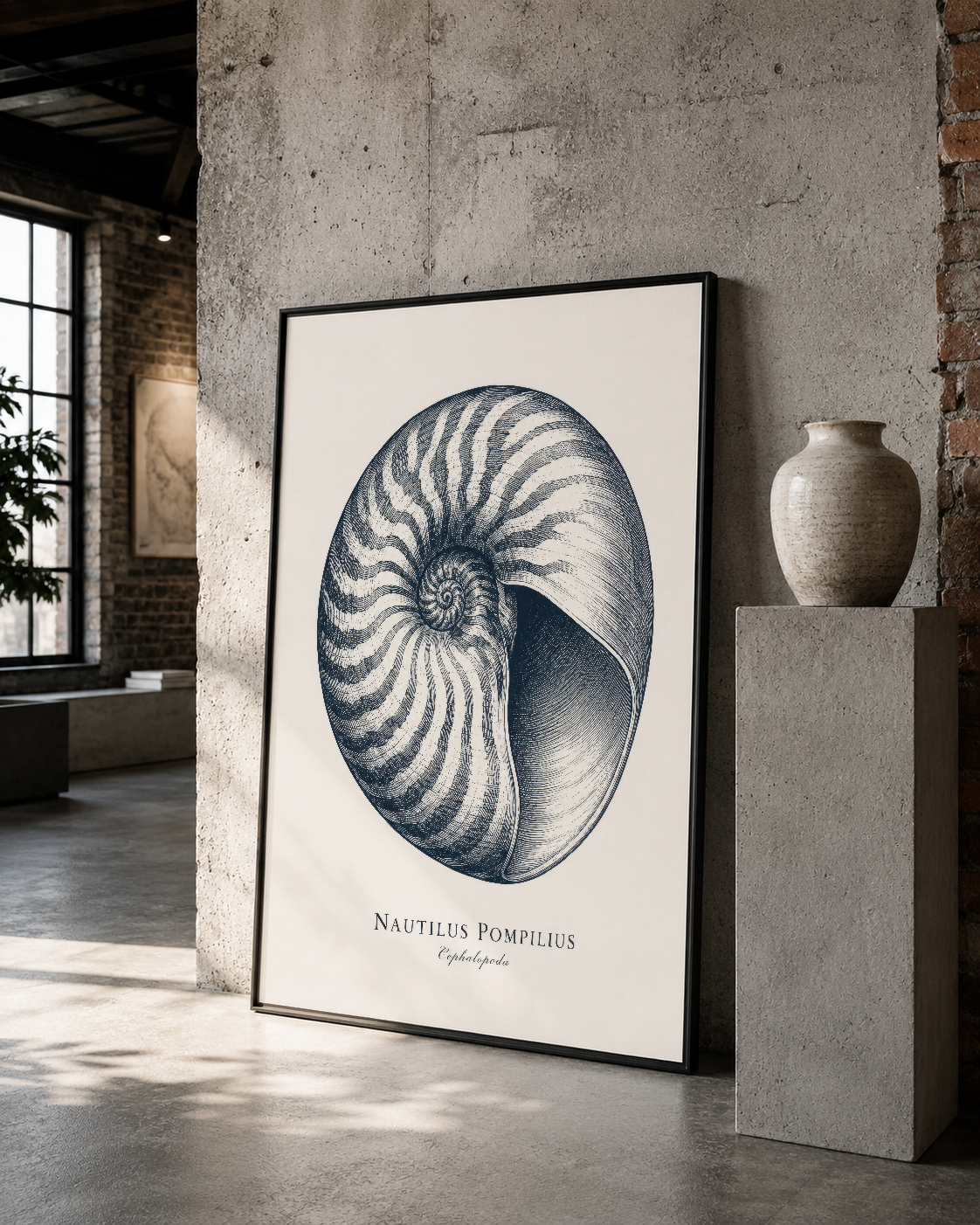 Siyah çerçeveli Nautilus Pompilius posteri, vintage endüstriyel mekanda sanat eseri olarak sergilenen doğa bilimleri tablosu.