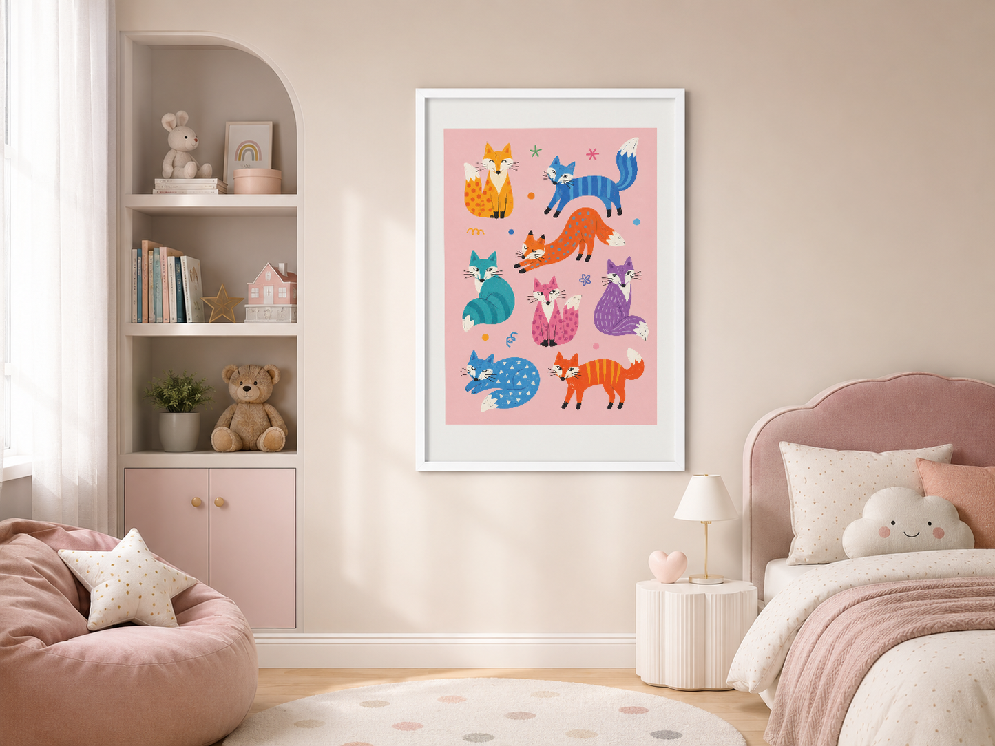 Beyaz çerçeveli şirin hayvan desenli poster, pembe tonlarıyla genç kız odasını süslüyor.