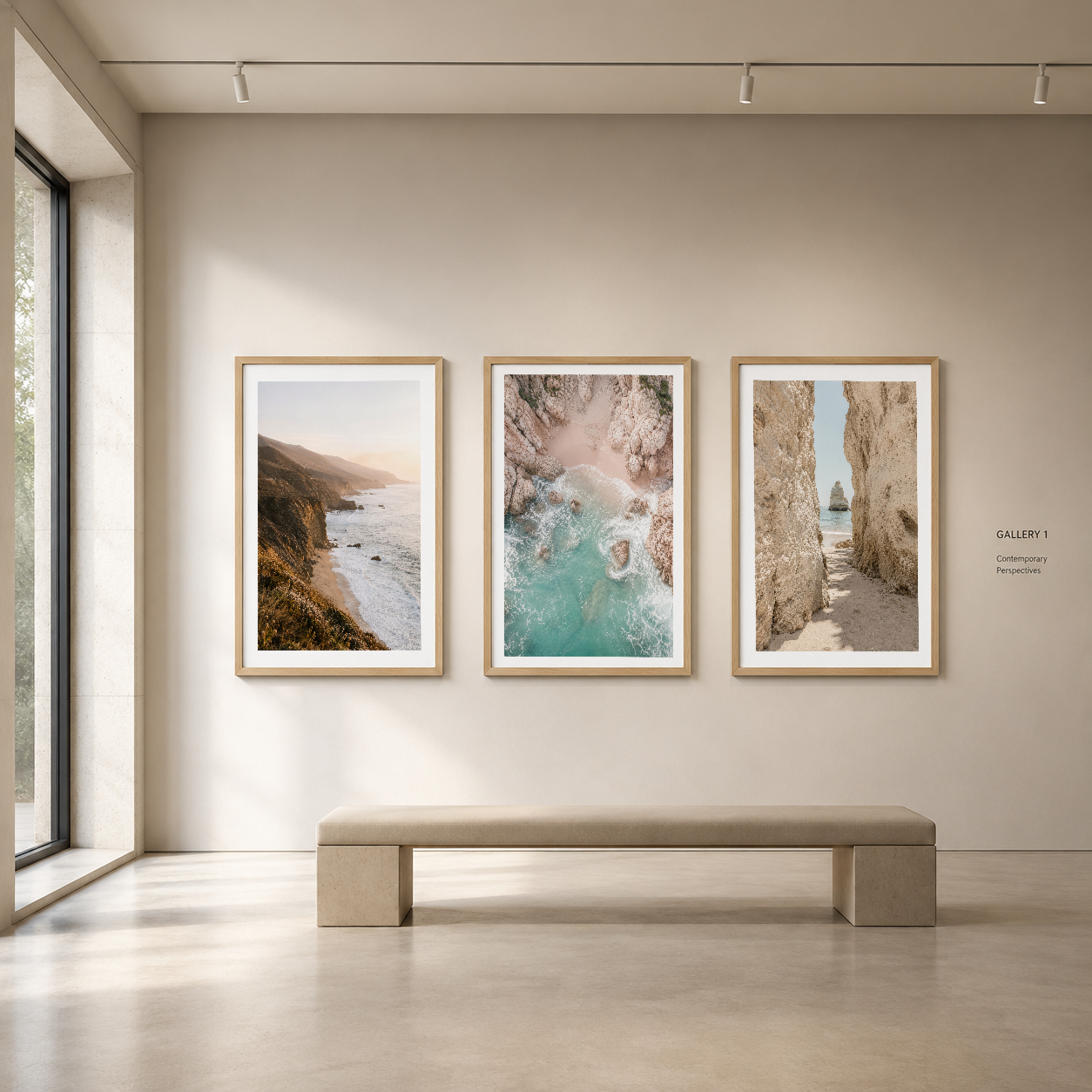 Ahşap çerçeveli sahil fotoğrafları tripltiği, minimalist galeri alanında beyaz duvarı süslüyor.