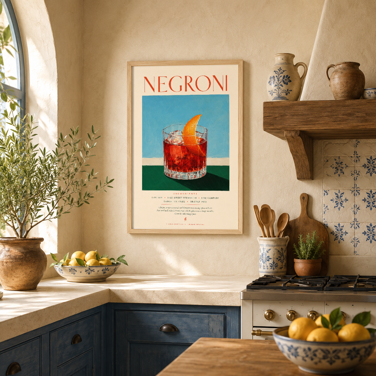 Negroni kokteyl tablosu, ahşap çerçeve, sanat deco stilinde, aydınlık mutfak ortamında.