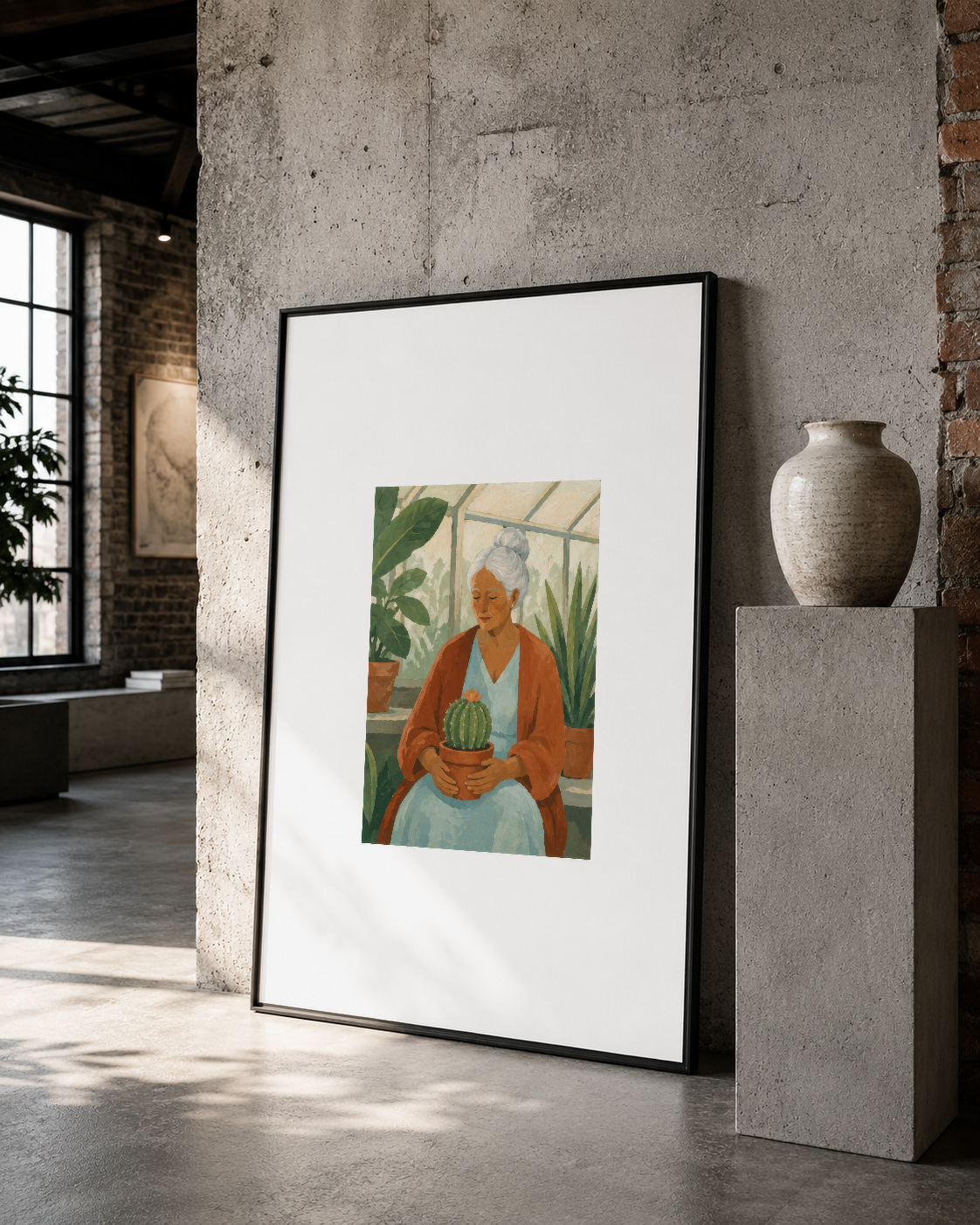 Siyah çerçeveli, turuncu elbiseli figür ve yeşil bitkiler tutan sanat tablosu, betonlu galeri duvarında sergileniyor.