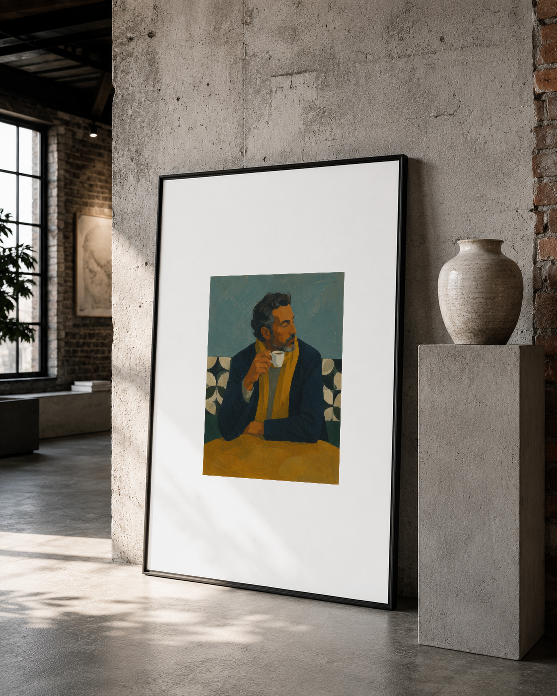 Siyah çerçeveli portre resmi, soğuk tonlar ve sarı detaylar, loft tarzı mekanında asılı.