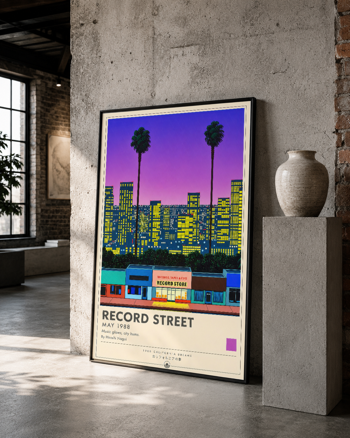 Soyut şehir manzarası ve renkli vitrin detaylarıyla modern tarz Record Street duvar sanat tablosu.