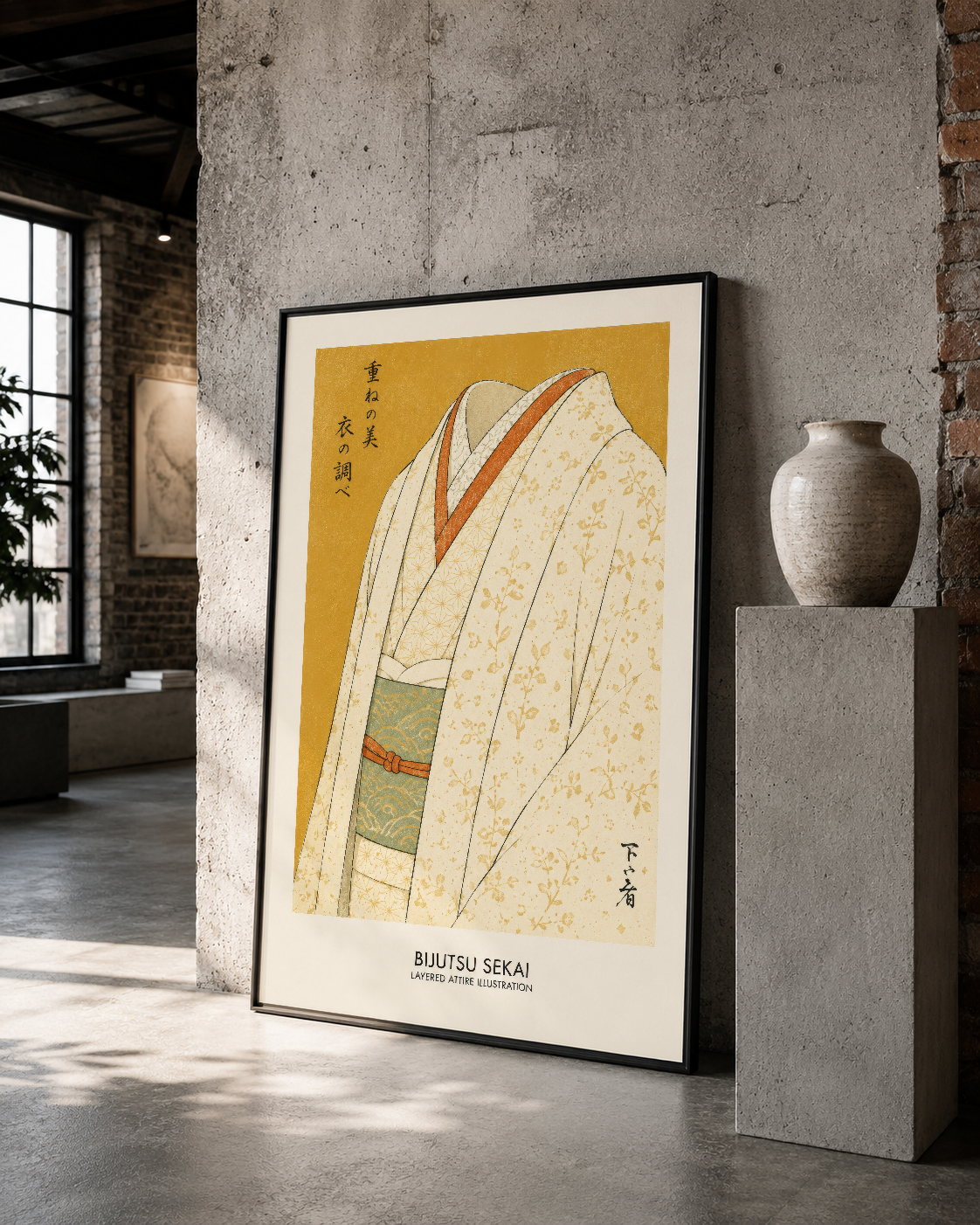 Endüstriyel tarzda siyah çerçeveli kimono tablosu, beton duvar ve sanat koleksiyonu arasında.