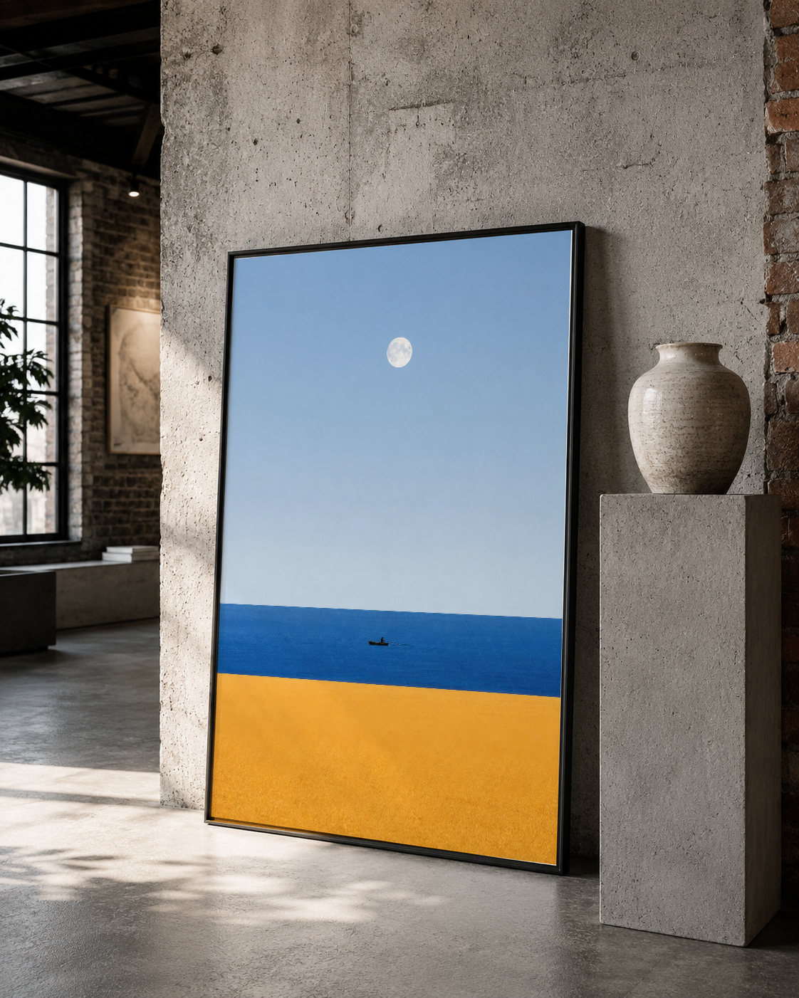 Çift renkli geometrik tablo, ay ve tekneli sakin deniz motifiyle siyah çerçevede, minimalist iç mimaride.