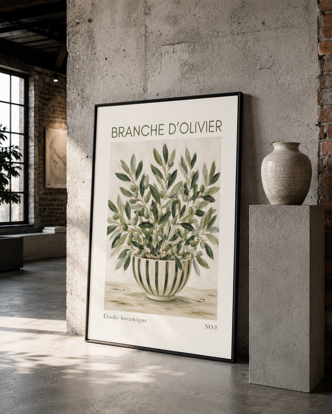Botanik stil zeytinyağı dal tasviri, siyah çerçevede, loft dekorasyonunda.