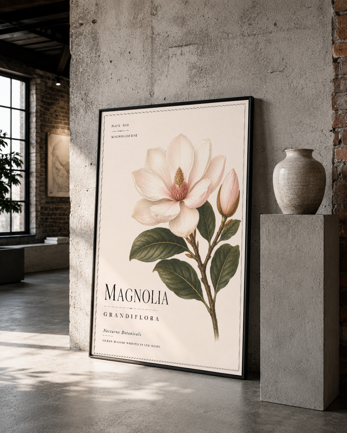 Siyah çerçeveli magnolia tablosu, loft stilinde gri duvara asılı, klasik botanik illüstrasyonunu vurguluyor.