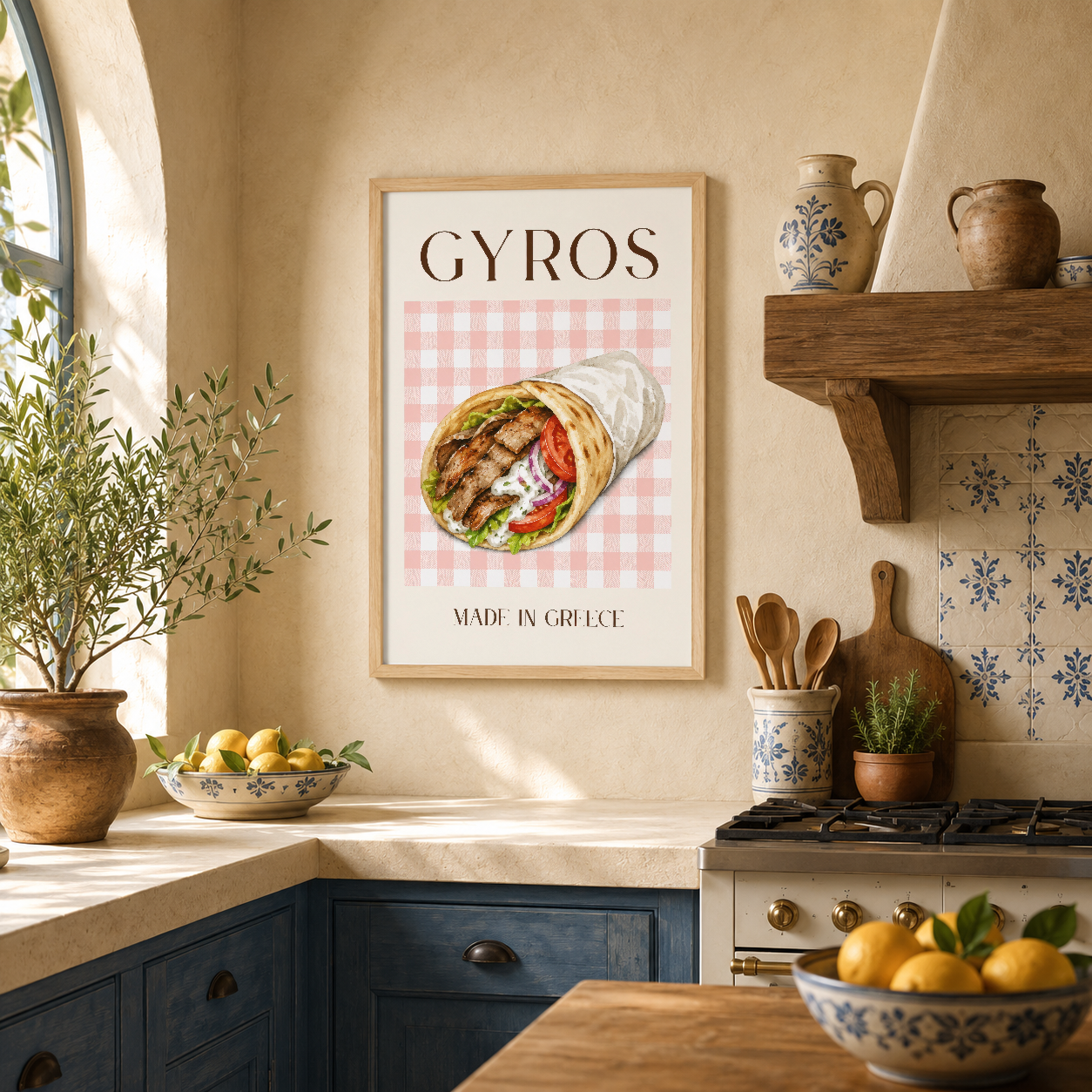 Yunan mutfağından ilham alan, pembe detaylı Gyros tablosu, ahşap çerçeveli ve sıcak mutfak ortamında sergilenen poster.