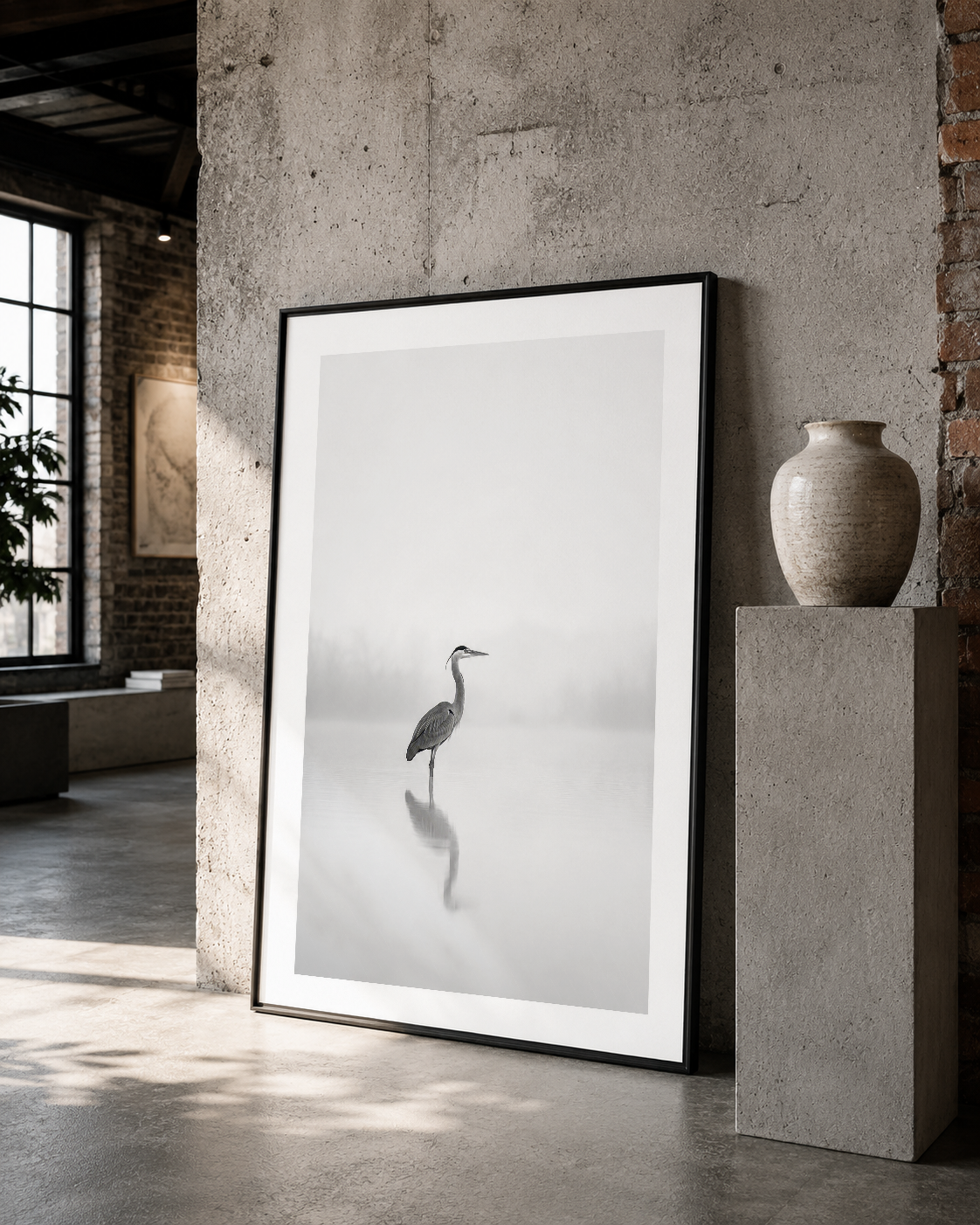 Beton duvarla siyah çerçeveli, minimalist ağvak kuşu sanat tablosu vintage dekoratif aksesuar yanında.