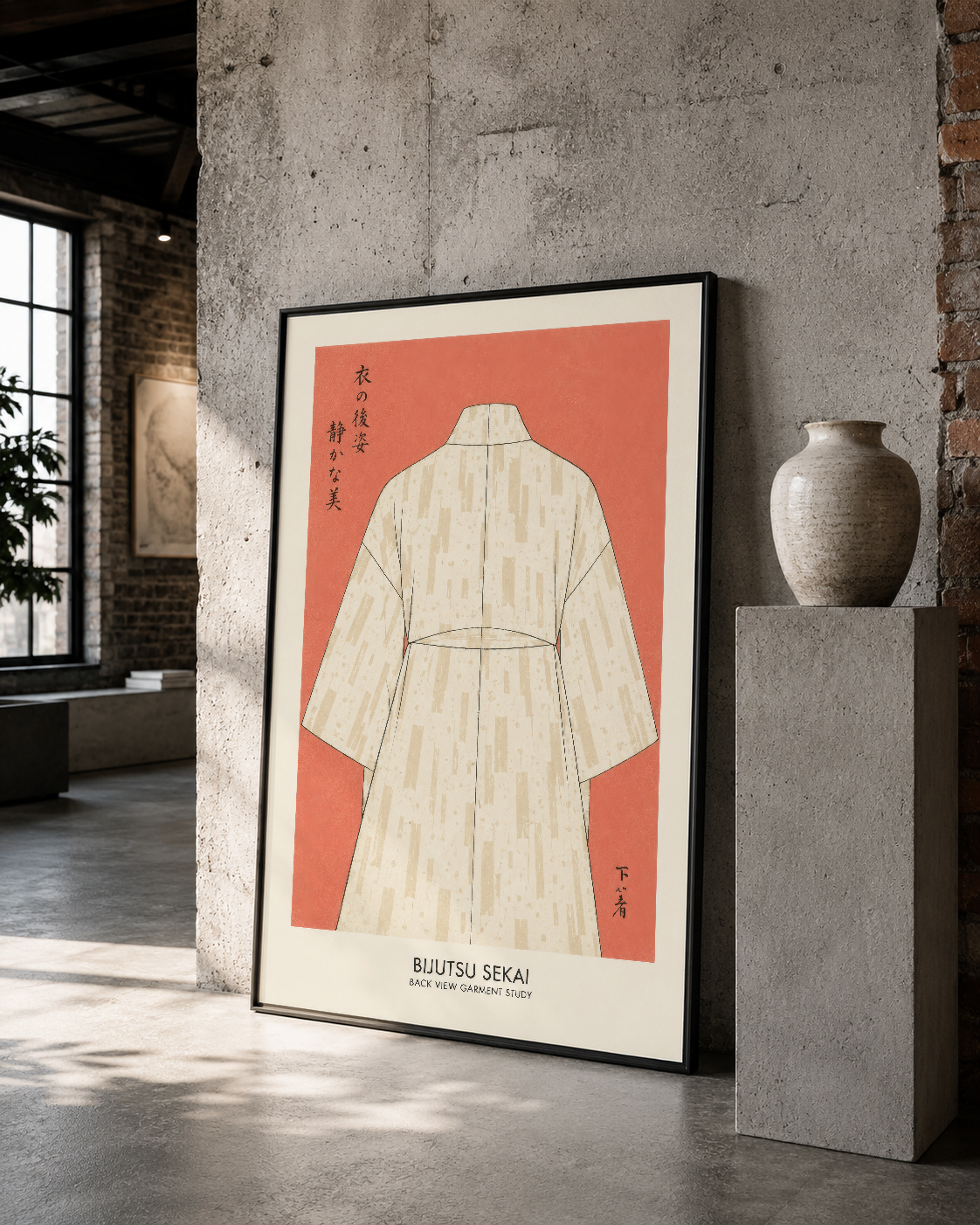 Siyah çerçeveli kimono tablosu sağlam duvarına dayalı, minimalist dekor ve gri tonlu loft ortamında.