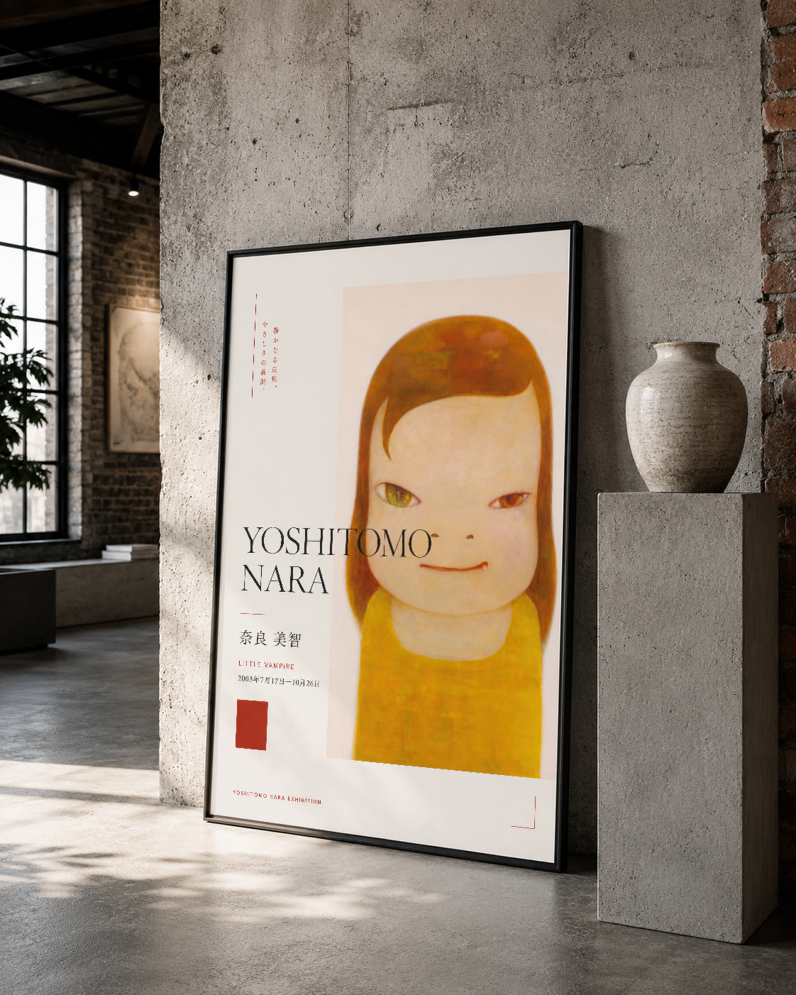 Sanat deco stiliyle tasarlanmış portre poster, siyah çerçeveli çerçevede endustri tarzı sergide yer alıyor.