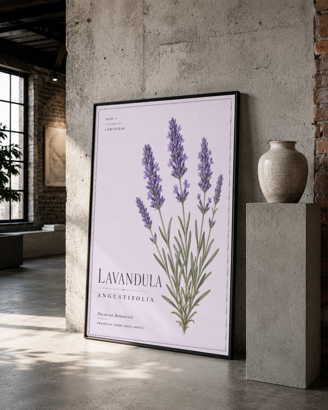 Mor lavanta çiçeklerinin stilize tasarımı, siyah çerçeve içinde modern endüstri alanında sergilenen sanat eseri.