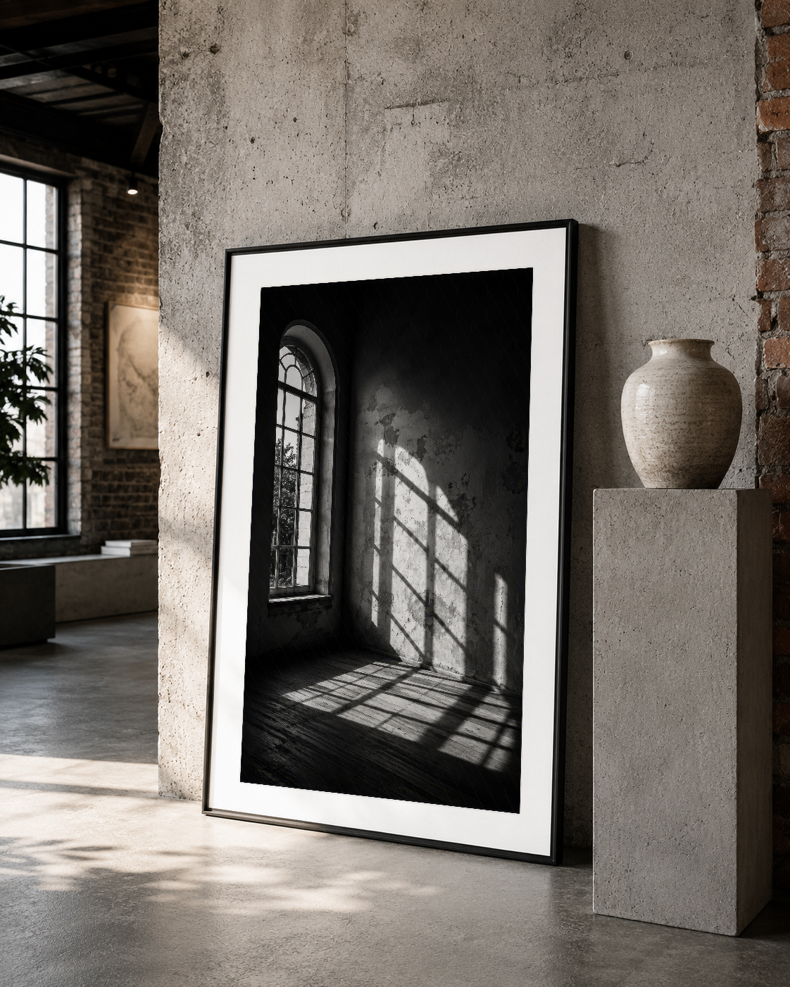 Pencere ışığı tablosu, kapalı çerçevede beton duvar ve sanat aksesuarlarının yanında modern galeri etkisi yaratıyor.