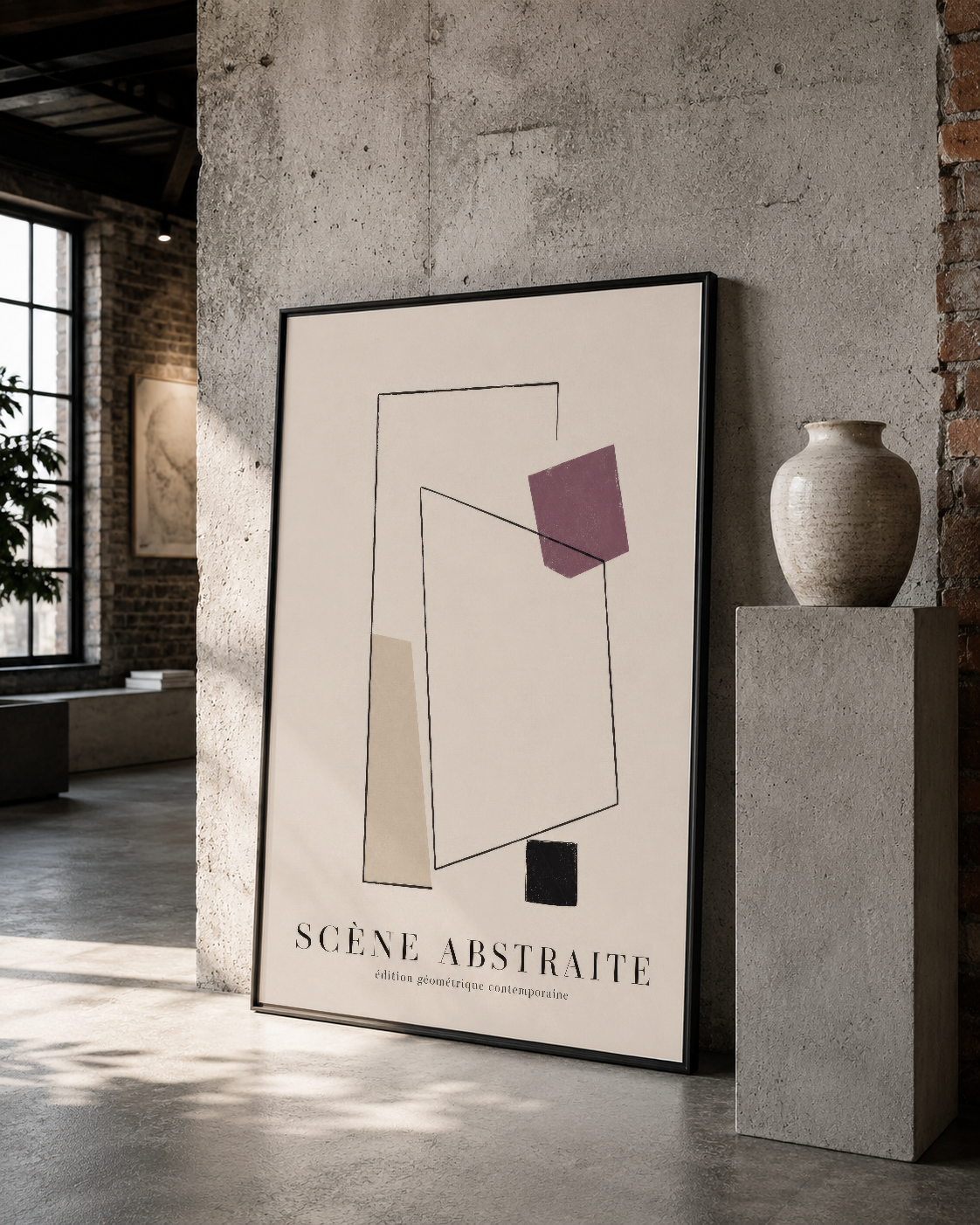 Çağdaş soyut sanat posteri, beyaz çerçevede loft stilinde beton duvar dekorasyonu.