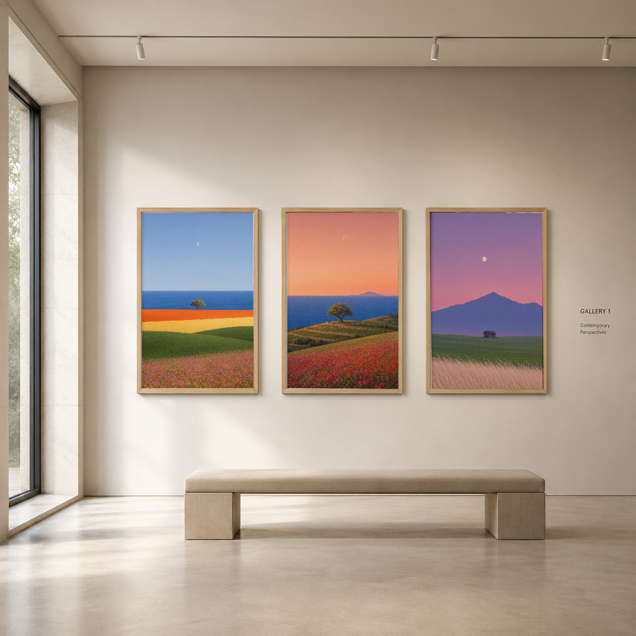 Doğal çerçeveli üç parçalı tablo seti, sanat galerisinde sergilenen modern manzara panelleri.