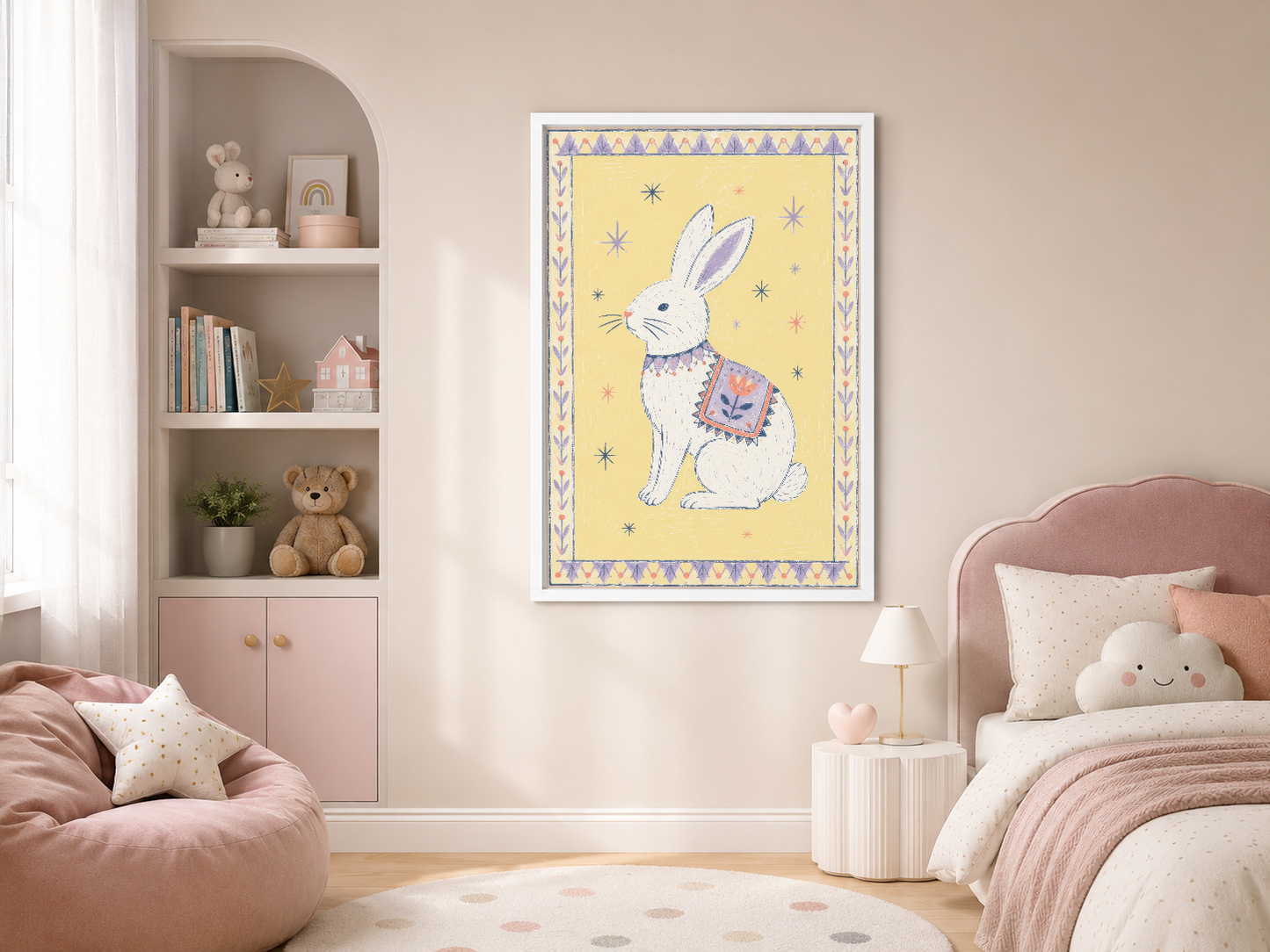 Beyaz çerçeveli, boho tavşan illustrasyonlu tatlı kız çocuk odası dekorasyon tablosu.