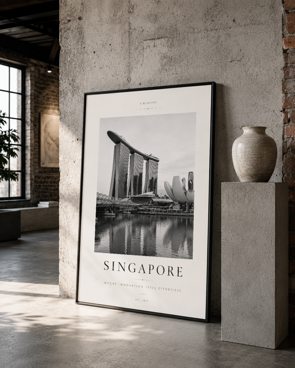Marina Bay'ın fotoğrafik görüntüsü ve Singapur yazısı ile dekoratif siyah çerçeveli poster, loft stiliyle.