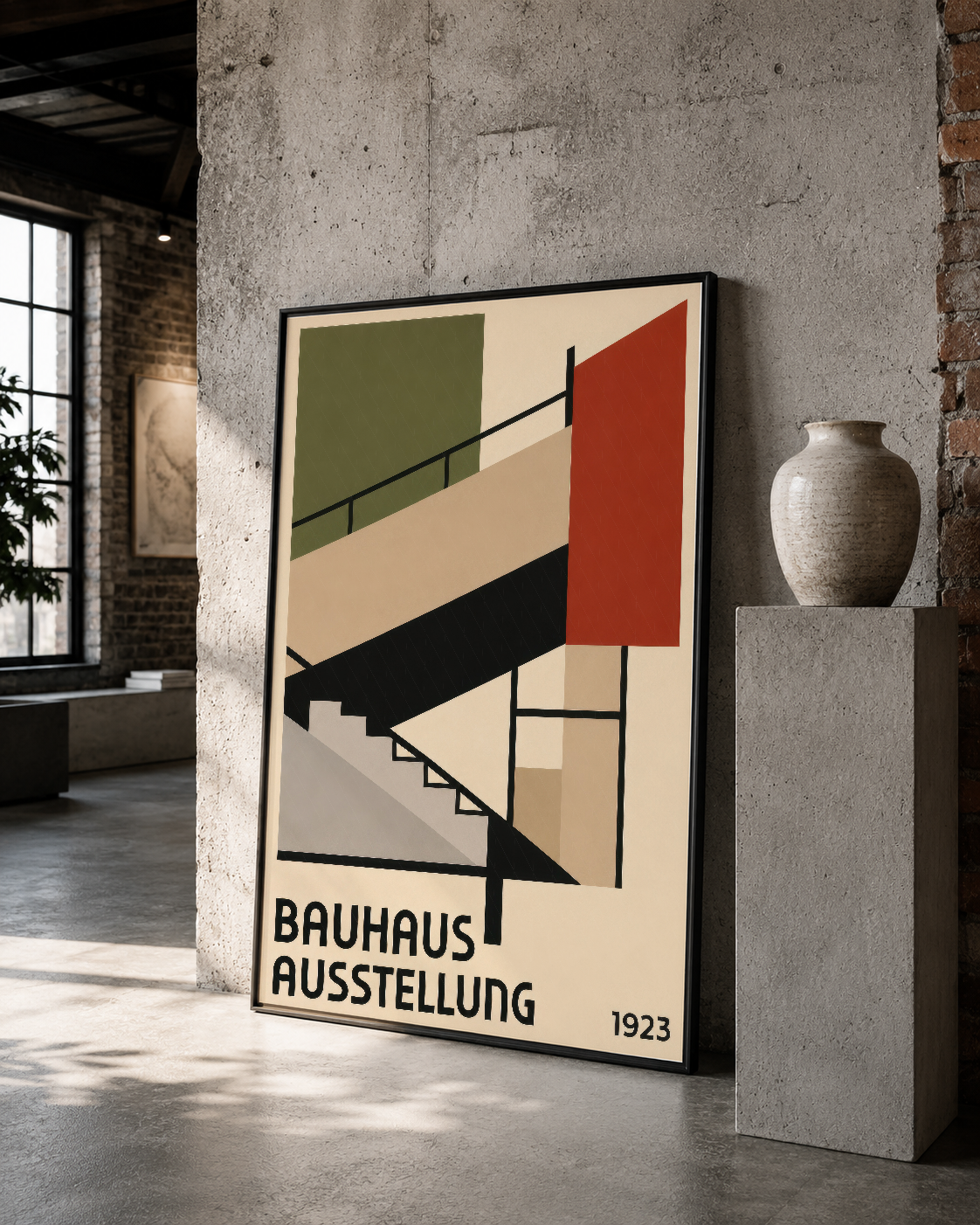 1923 Bauhaus Ausstellung posteri, siyah çerçeveli, minimalist betonarme ortamda görkemli görünüm.