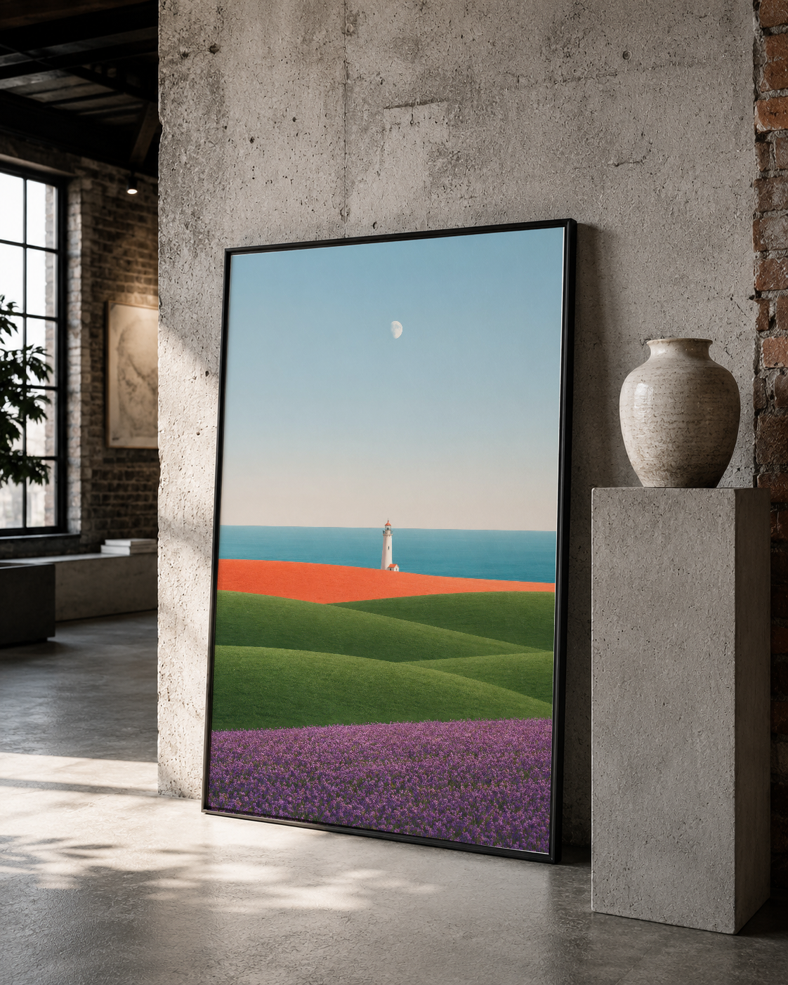 Siyah çerçeveli duvar tablosu, koyun yeşili ve mor çiçek alanları ile sahil fenerini loft tarzı iç mekânda gösteren poster.