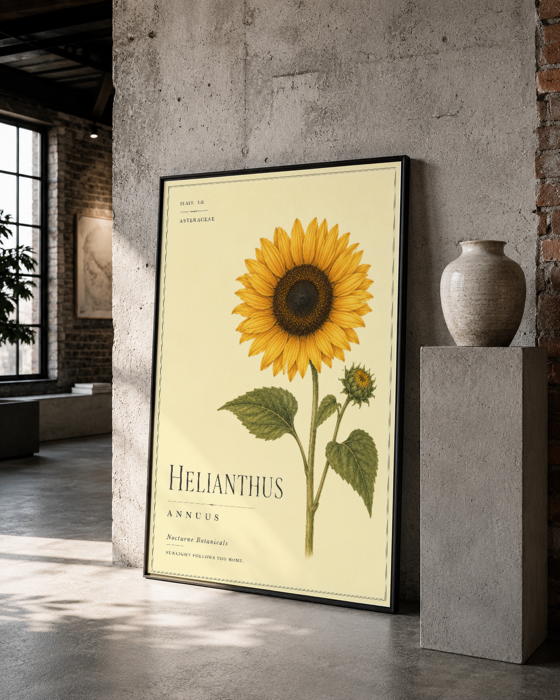 Sarı ayçiçeği baskısı, siyah çerçeveli poster, modern loft stilindeki beton duvar dekorasyonu.