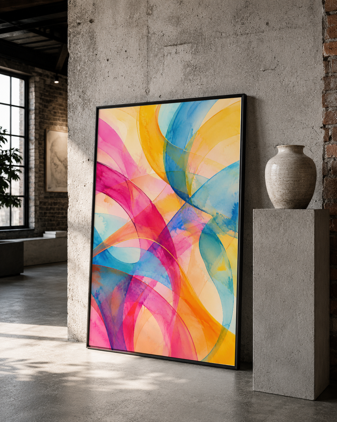 Siyah çerçeveli soyut sanat tablosu, betonlaştırılmış loft tarzı alanda sanat koleksiyonu içinde sergileniyor, canlı renk