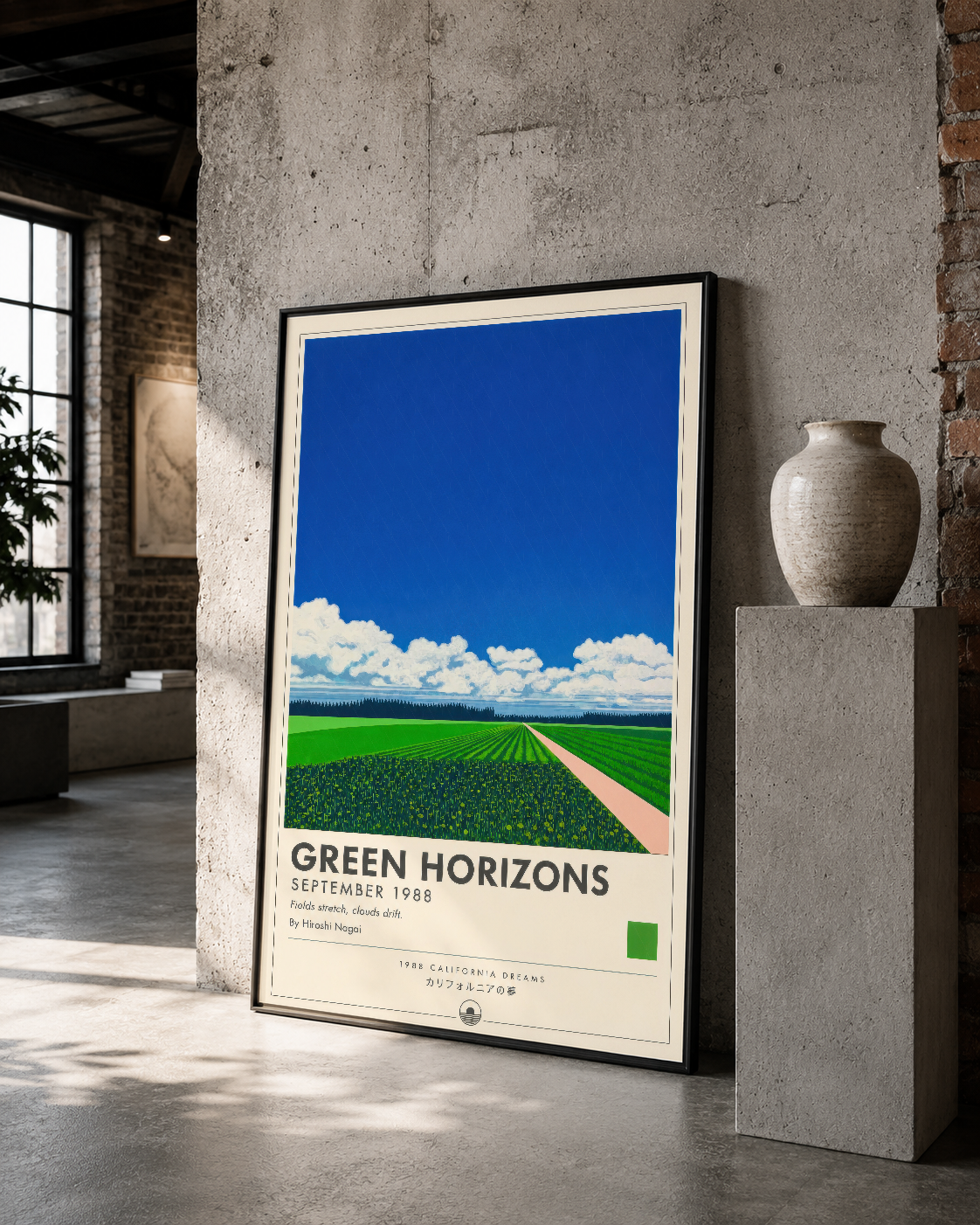 Manzara temalı modern poster, siyah çerçeveli, rustic loft stilindeki dekorasyonunda etkileyici bir görünüm sunmaktadır.