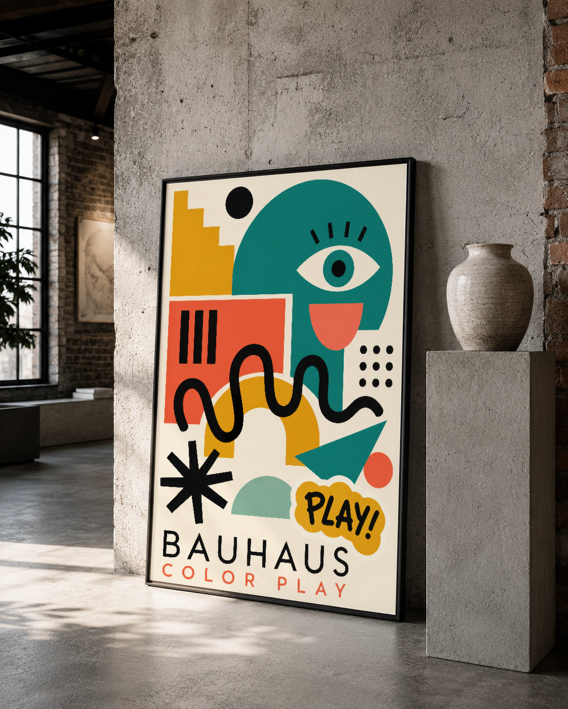 Bauhaus Color Play sanat tablosu, siyah çerçeveli presentation ile tasarım severler için güçlü görsel ifade sunar.