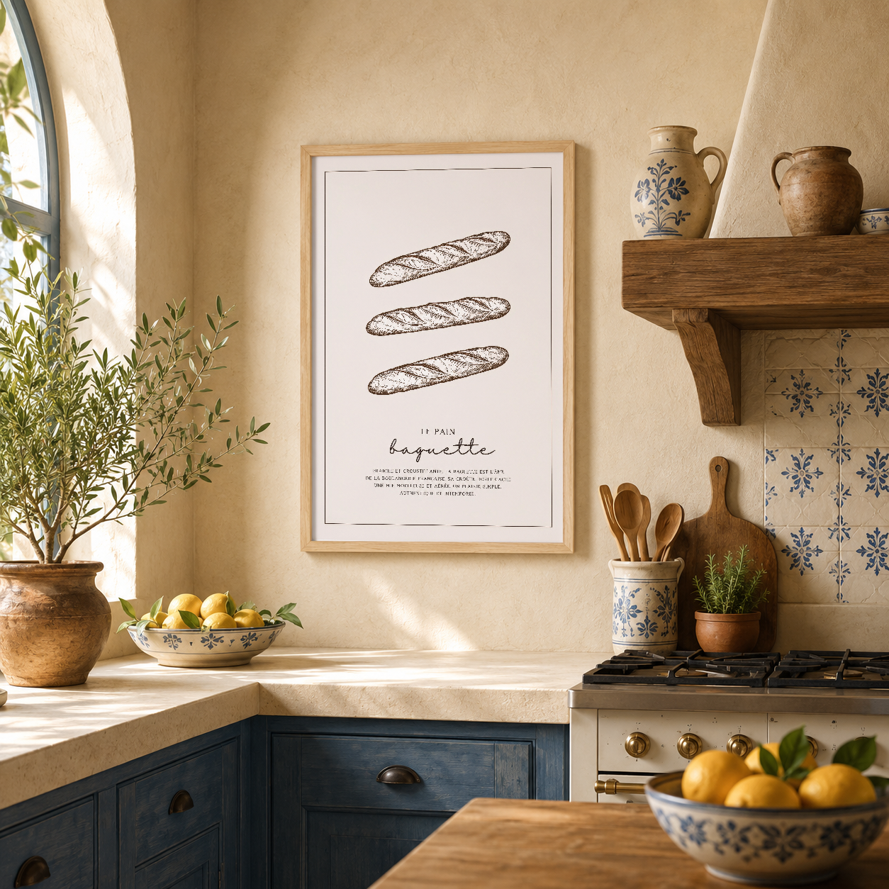 Ahşap çerçeveli le pain baguette posteri, sıcak Akdeniz tarzı mutfak ortamında.