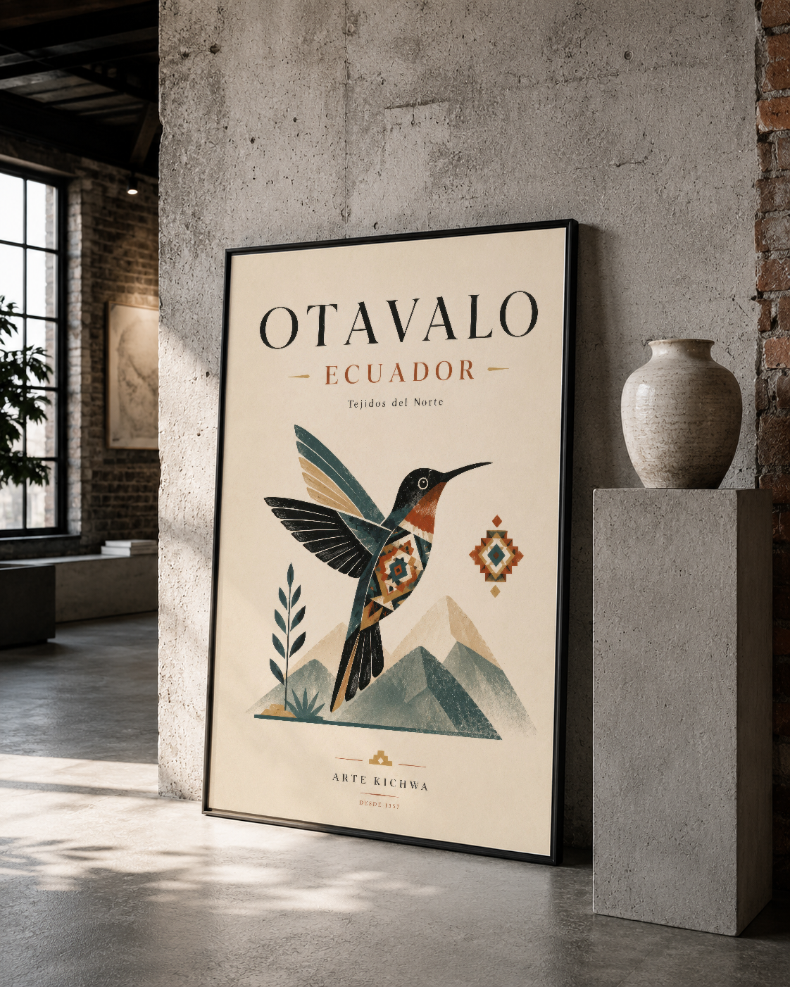 Otavalo kuş posteri, siyah çerçevelenmiş, beton duvarda etnoğrafik stil tasarım.
