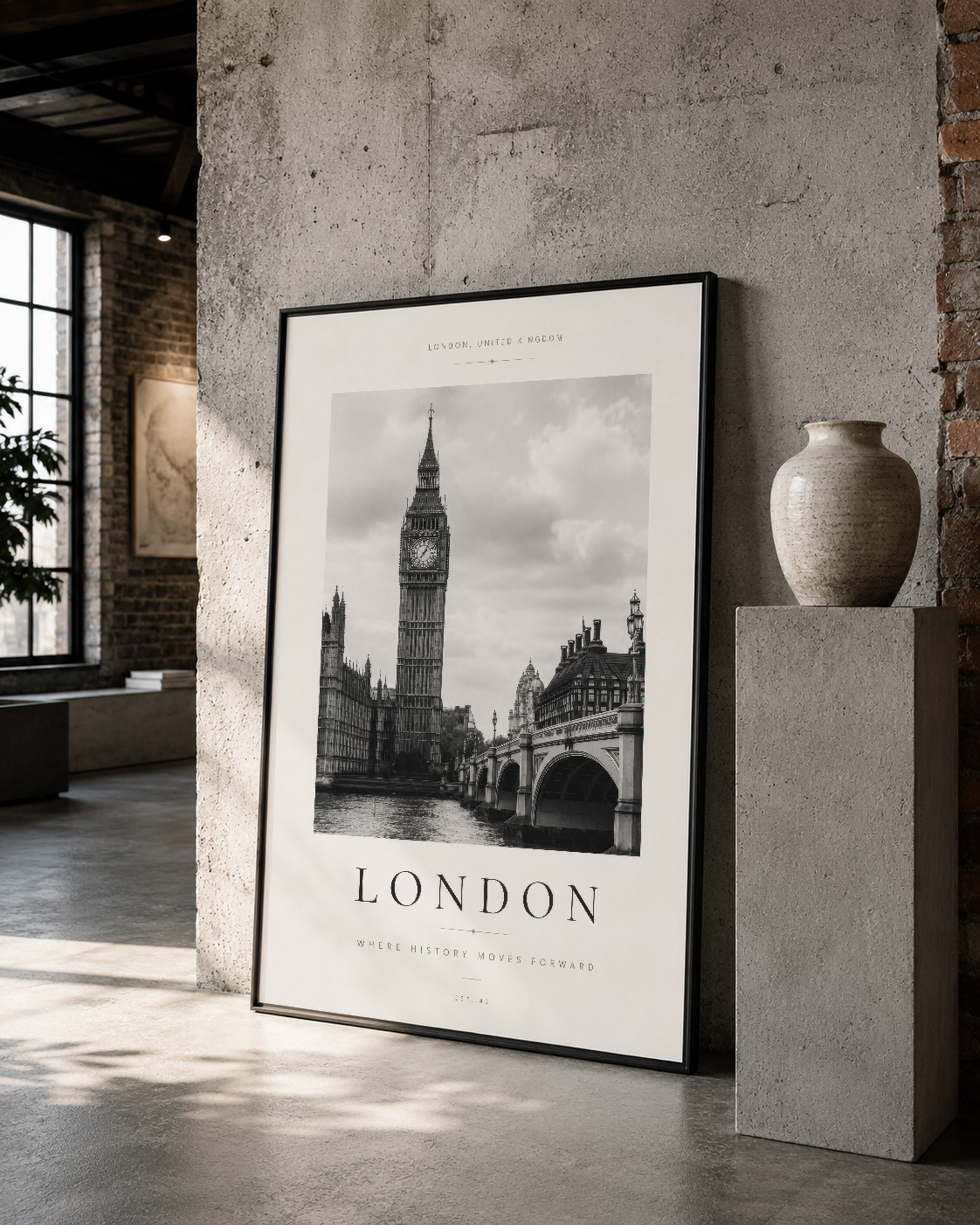 London şehir manzarası tablosu siyah çerçeveli, beton duvar ve seramik vazo ile vintage dekorasyonda.