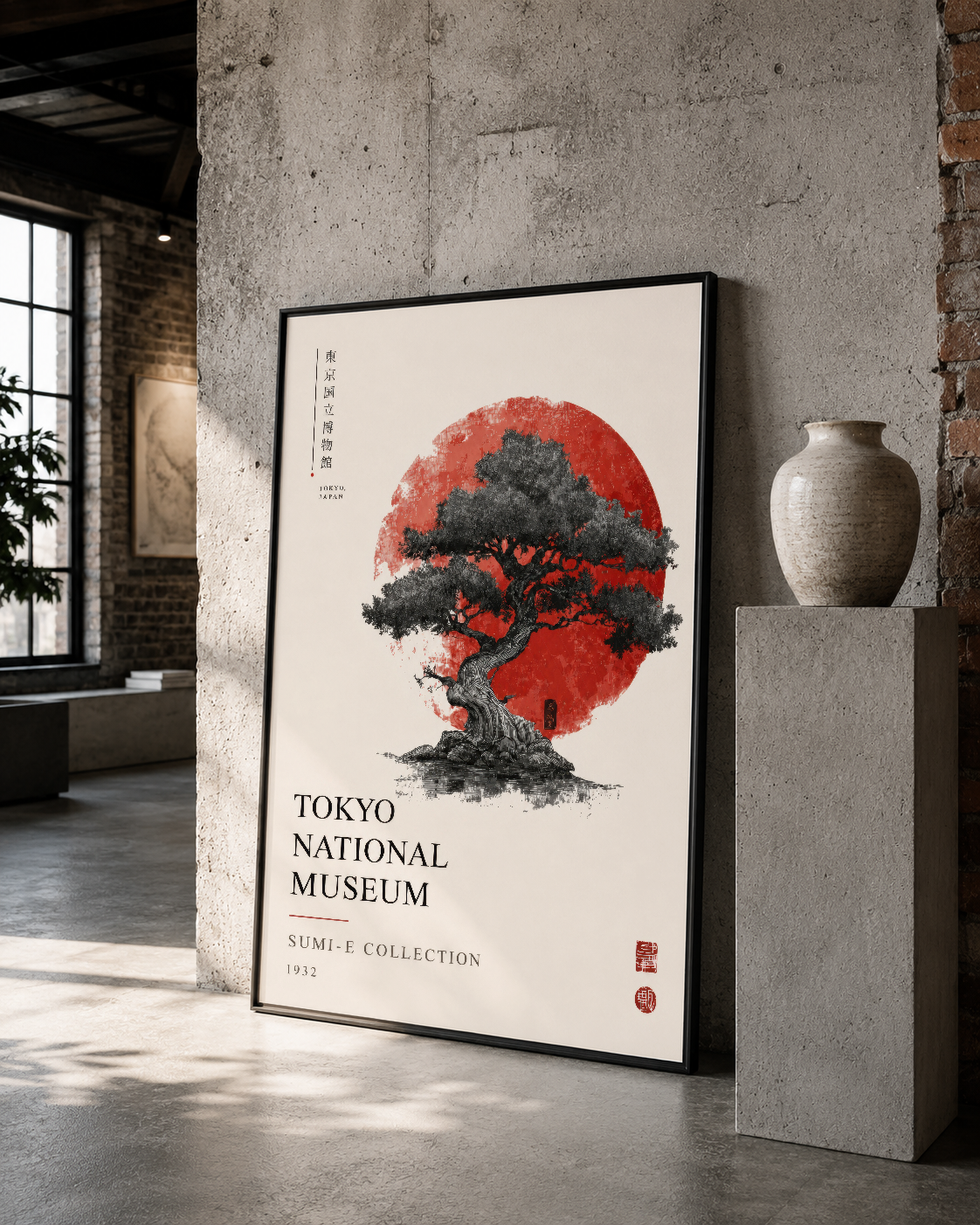 Endüstriyel mekanda siyah çerçeveli, kültürel sanat eserini andıran ağaç ve güneş tasarımlı duvar tablosu.