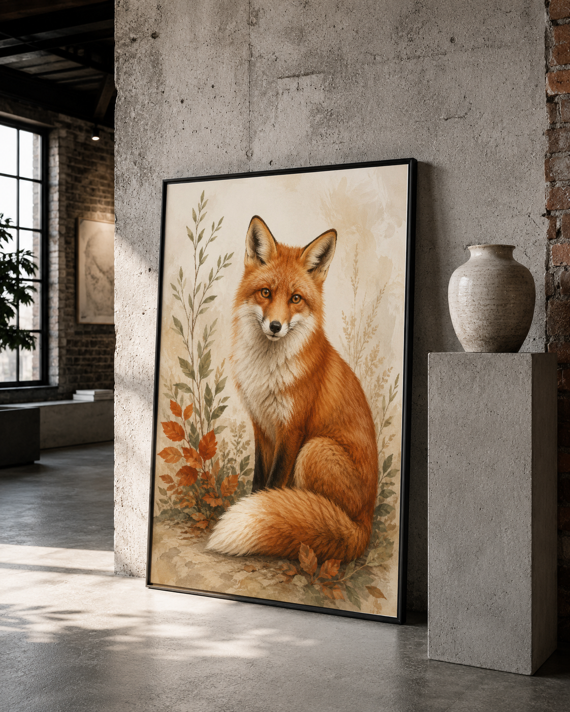 Siyah çerçeveli endüstriyel tasarımda, krem tonlu tilki sanat eseri.