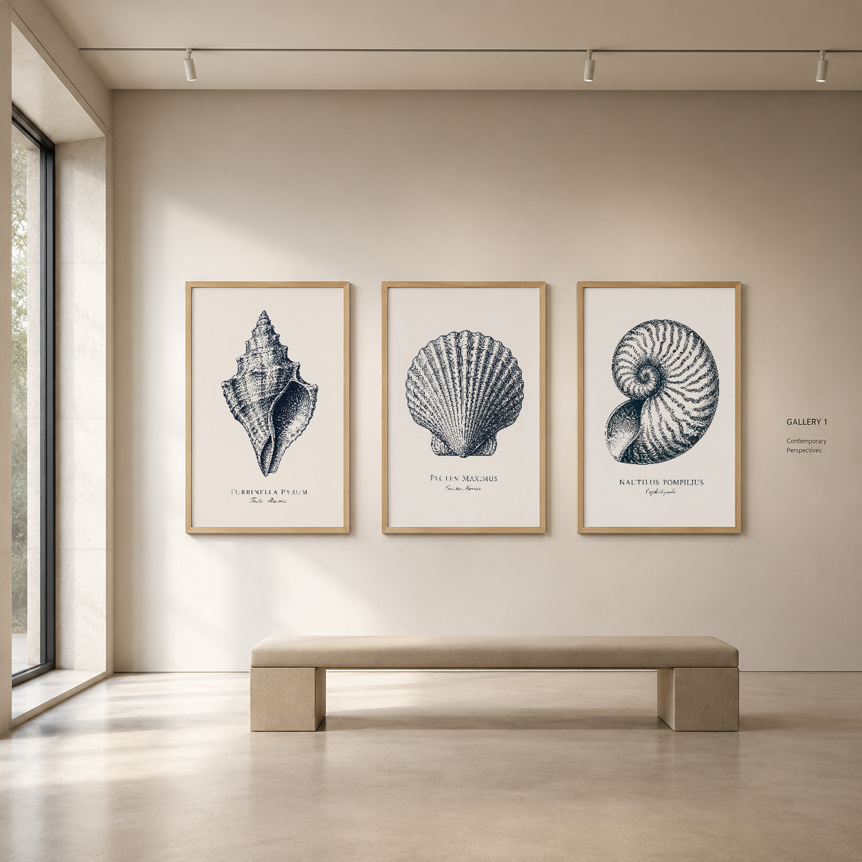 Doğal ahşap çerçeveli üç panel tablo, minimalist galeri alanında botanik ve deniz teması yansıtıyor.