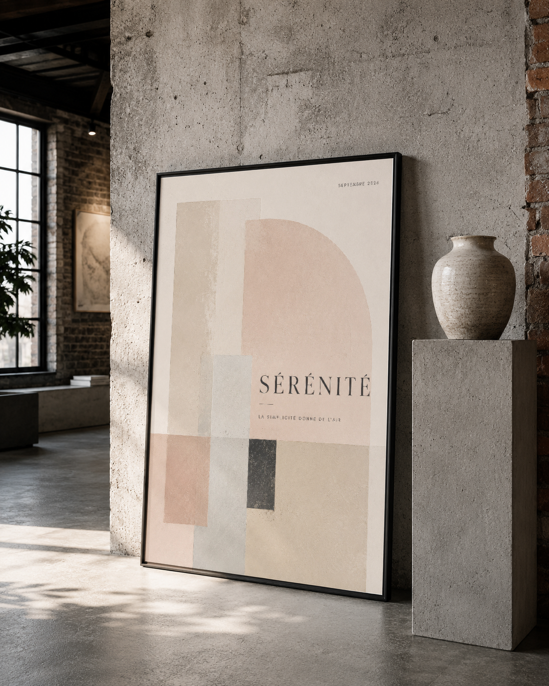 Beige ve siyah geometrik abstract tablo, çağdaş mekan tasarımında sakinlik ve stil ifade eder.