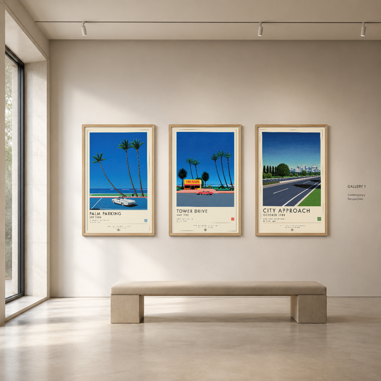 Çağdaş sanat galerisinde sergilenen, retro poster estetikli üç parçalı tablo seti, minimalist dekorasyonla bütünlüğü