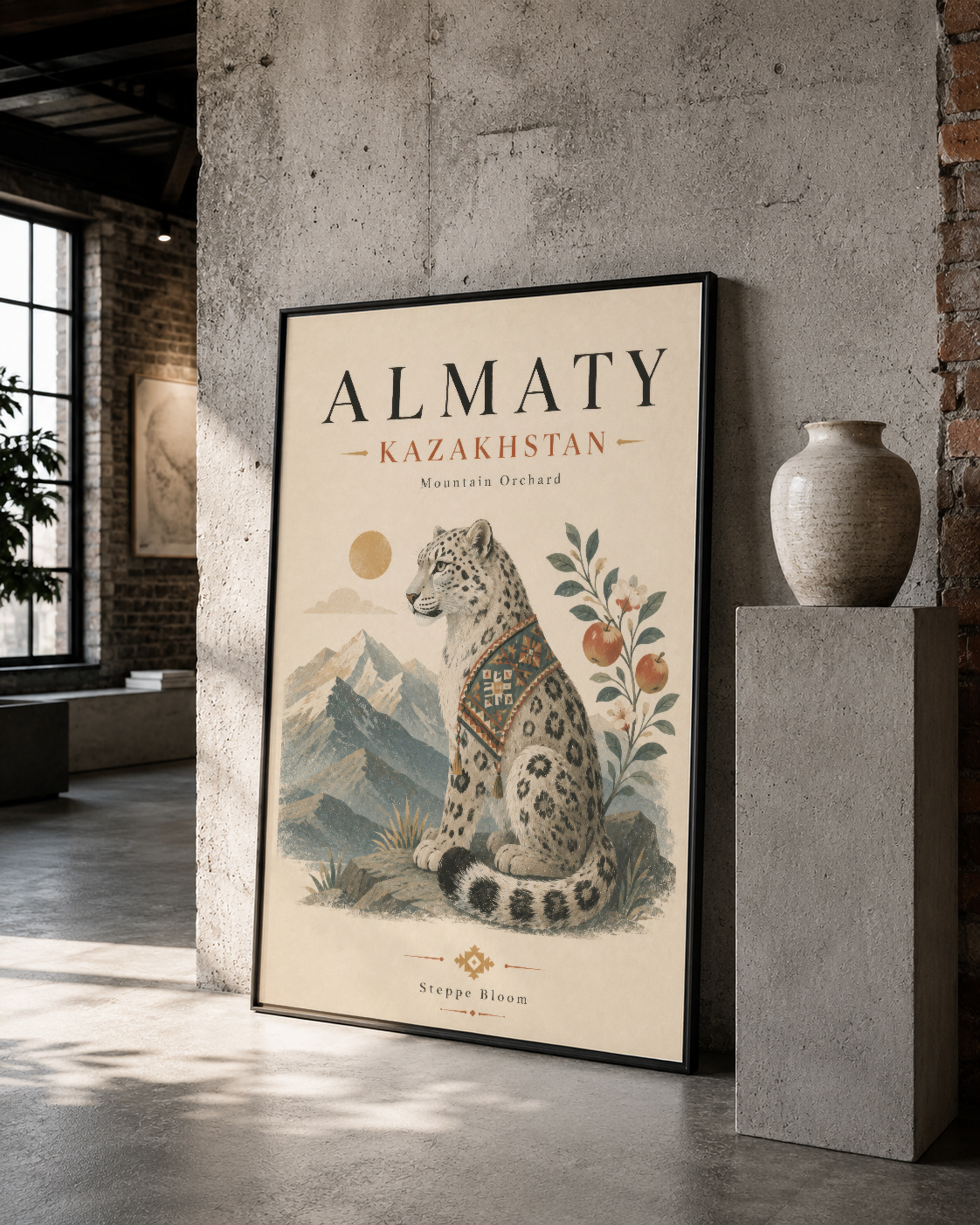 Siyah çerçeveli Almaty tablosu, dağ manzarası ve leopar tasarımı, industrial loft stiline uygun duvar sanatı.