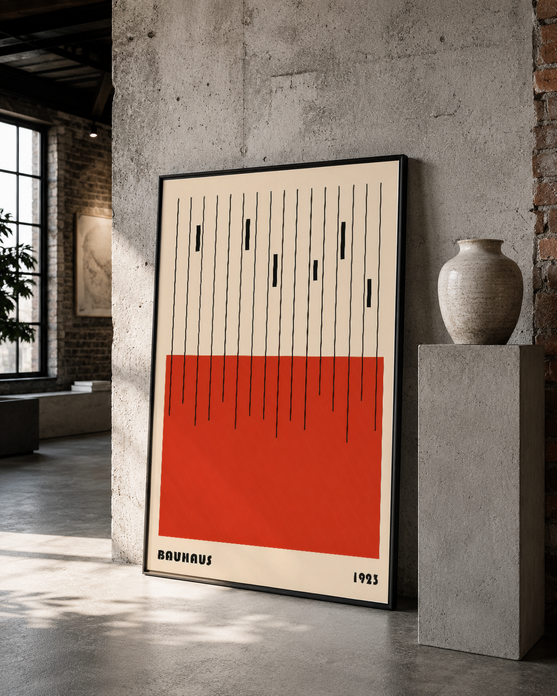 Siyah çerçeveli Bauhaus tarzı poster, sert geometrik hatlarla çizilmiş kontrastlı kırmızı ve krem renkli abstract tasarım.