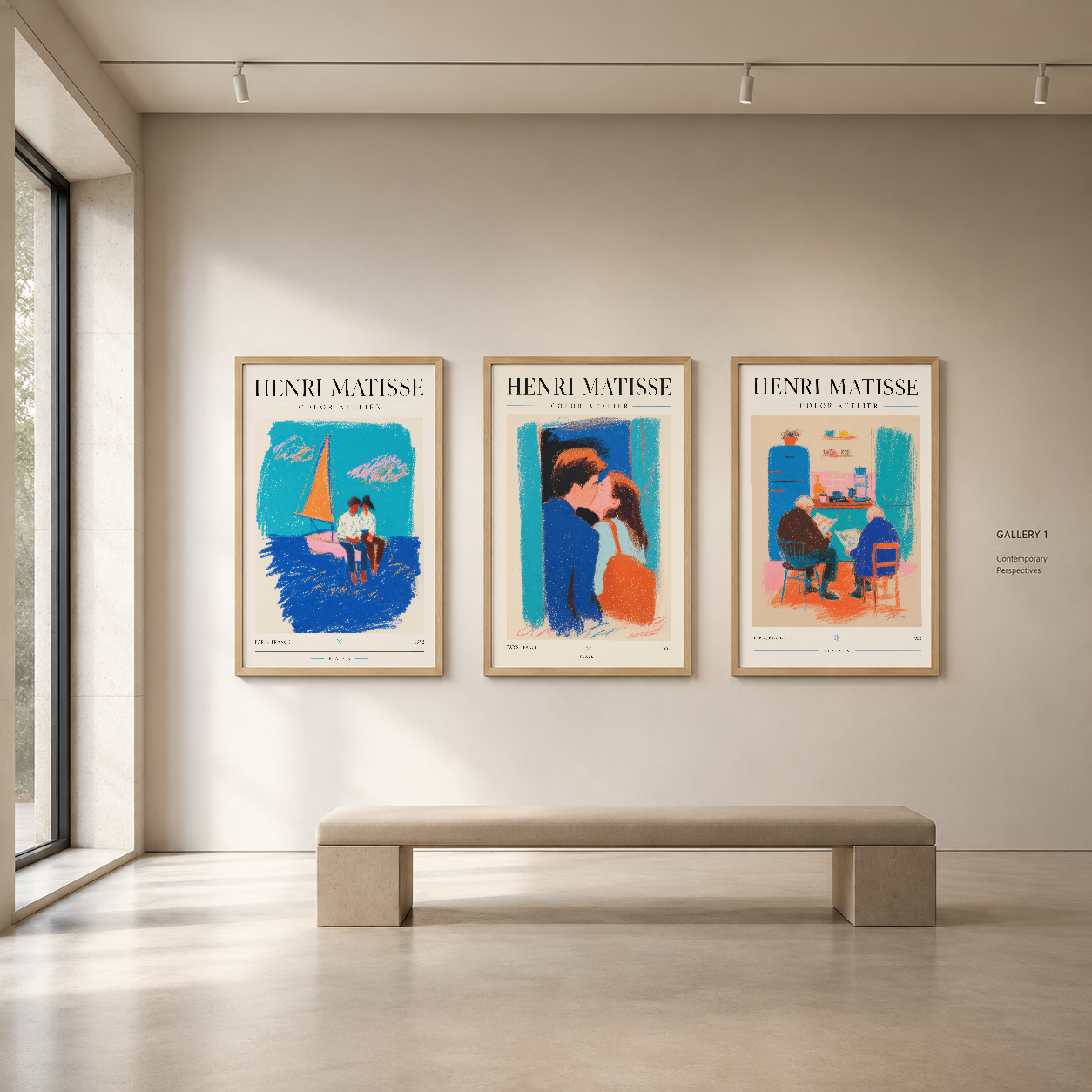 Henri Matisse'in çağdaş stilindeki üç ayrı poster, çağdaş bir sanat galerisinin beyaz duvarında özel ışıklandırmayla