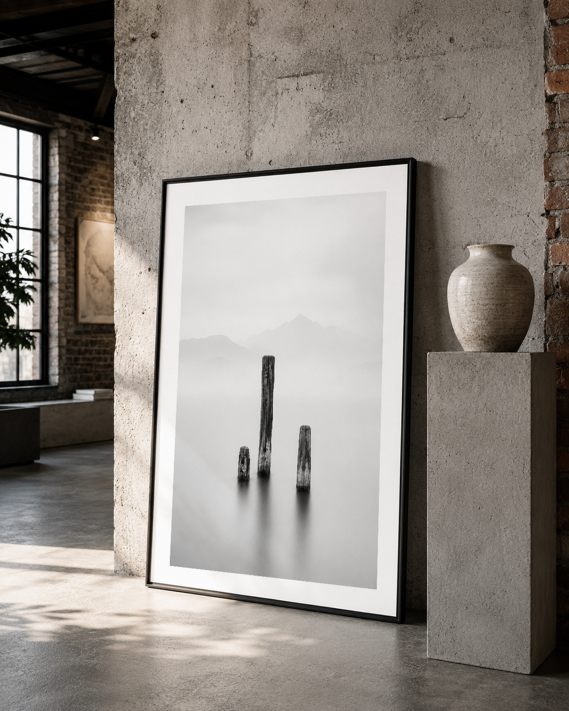 Siyah çerçeveli sütun sahnesi, modern loft stilinde dekoratif duvar tablosu, seramik vazo yanında.