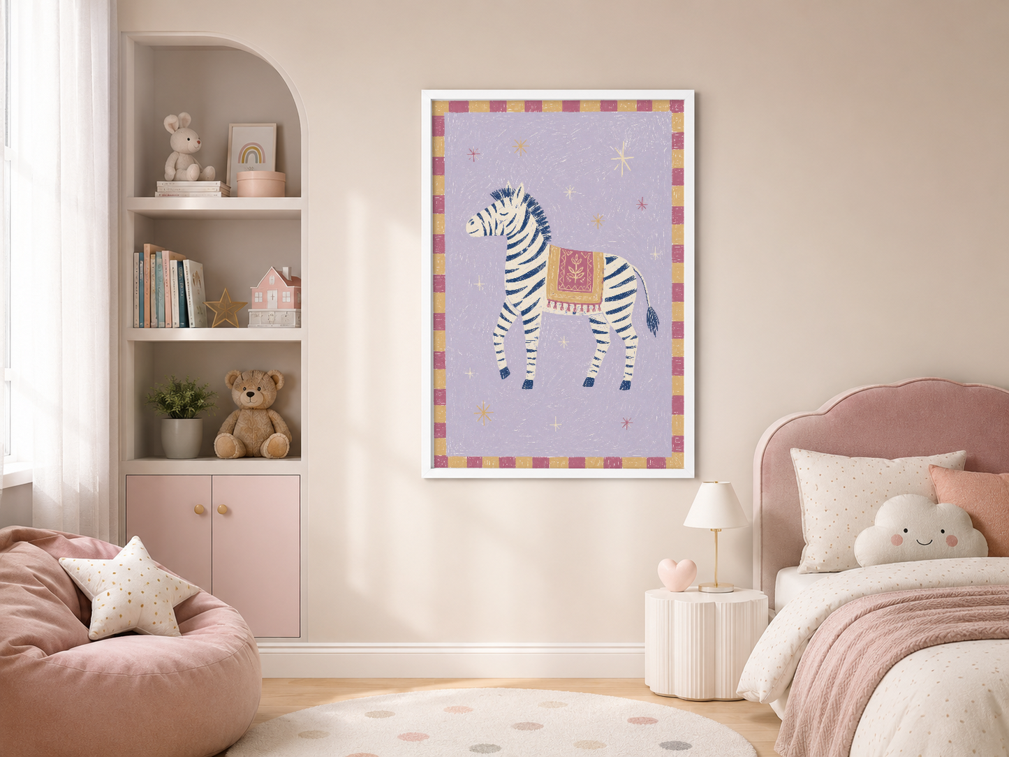 Beyaz çerçeveli, pastel lila arka fonlu ve bohem tarzı zebra tasarımlı modern duvar sanat tablosu.