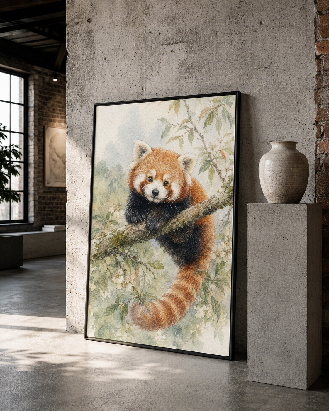 Doğal tarzda çerçevelenmiş kırmızı panda tablosu, endüstriyel mekan dekorasyonuna uygun.