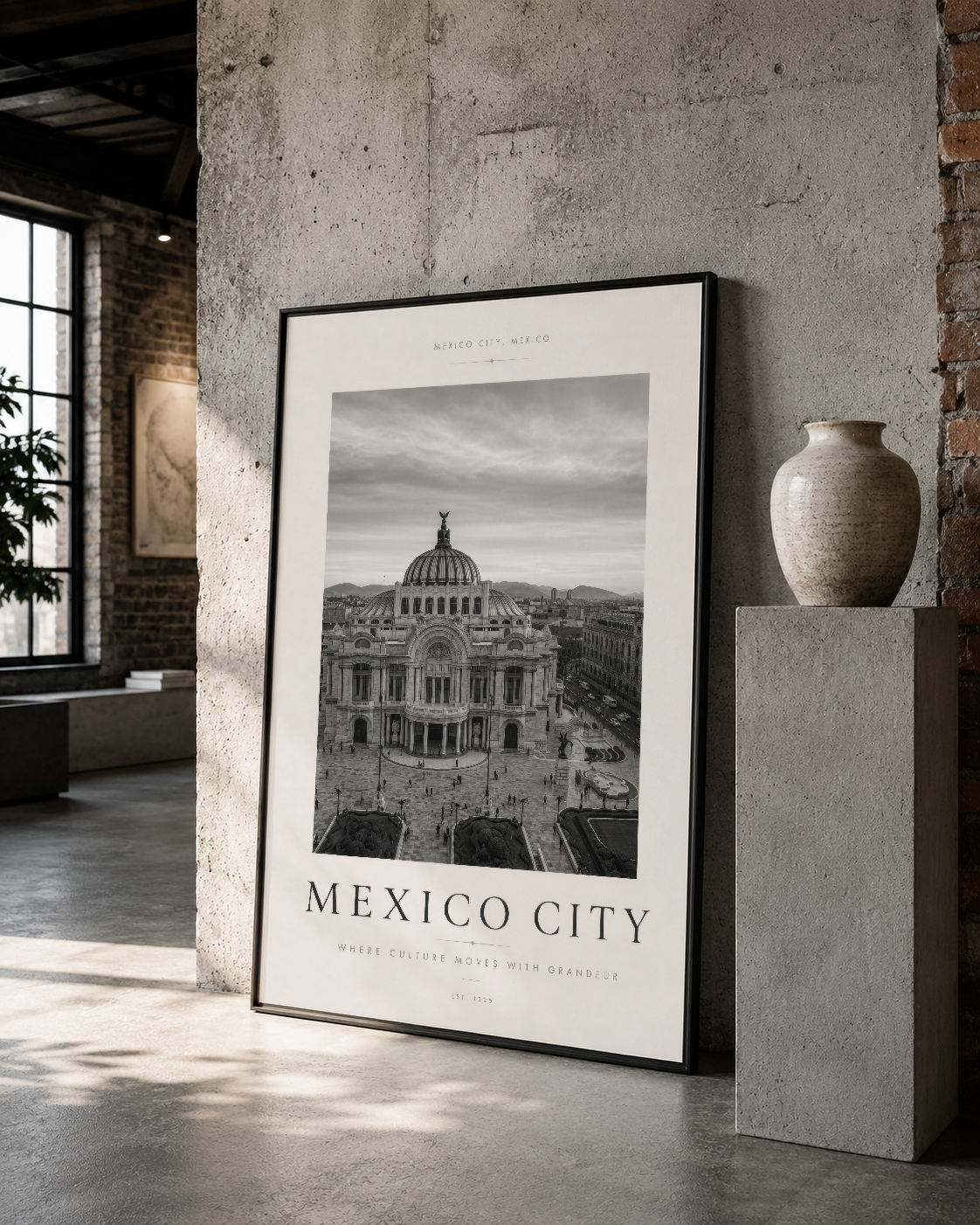 Mexico City ibadethanesi siyah çerçeveli poster, modern loft stilinde beige duvar dekorasyonu olarak.