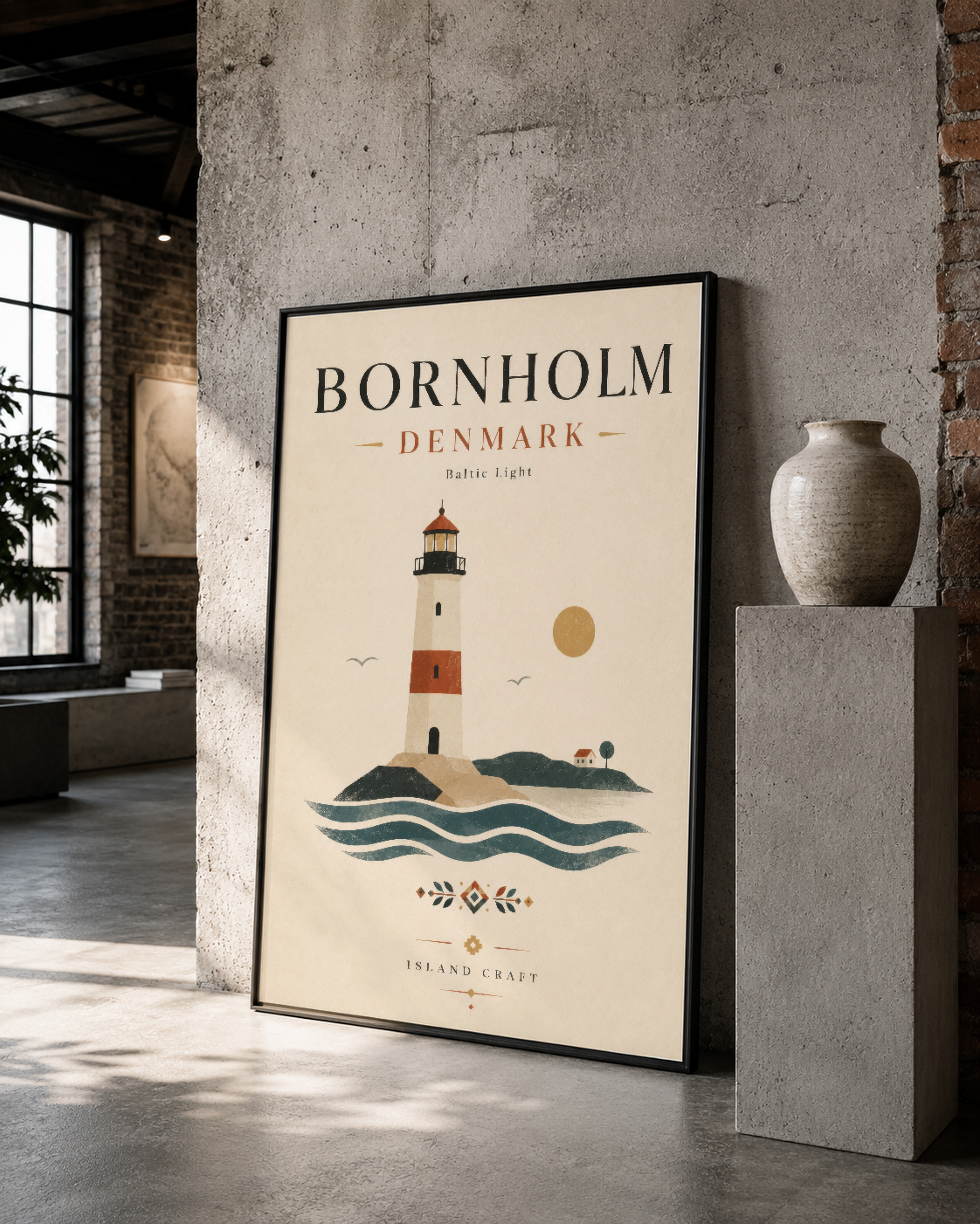 Siyah çerçevesi içinde yer alan Bornholm baltik ışığı tablosu, çimdik betonda asılı dekoratif duvar eseri.