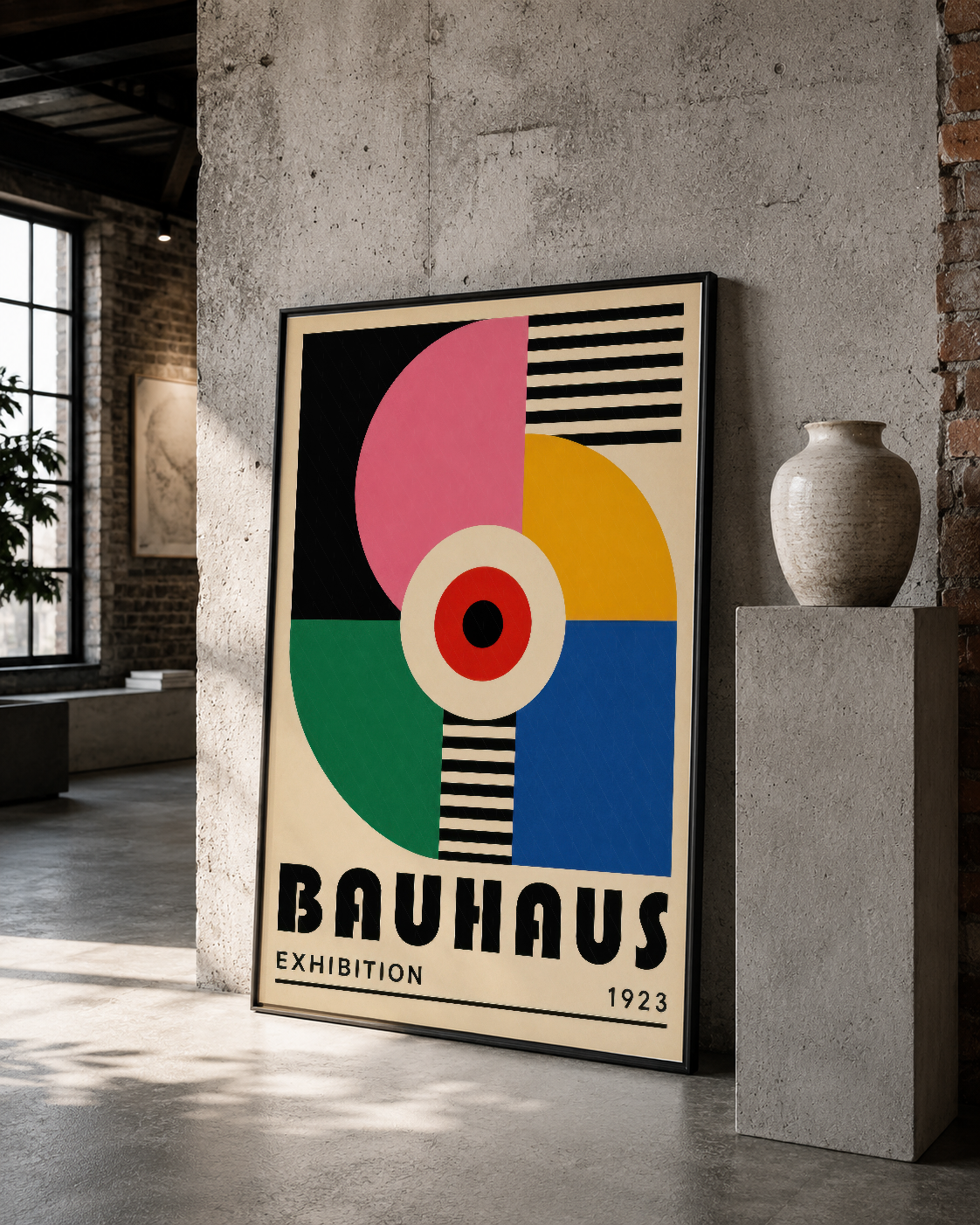 Bauhaus klasik poster, pembe, sarı, yeşil ve mavi renk bloklarıyla kültürel mekanları ilham verici kılıyor.