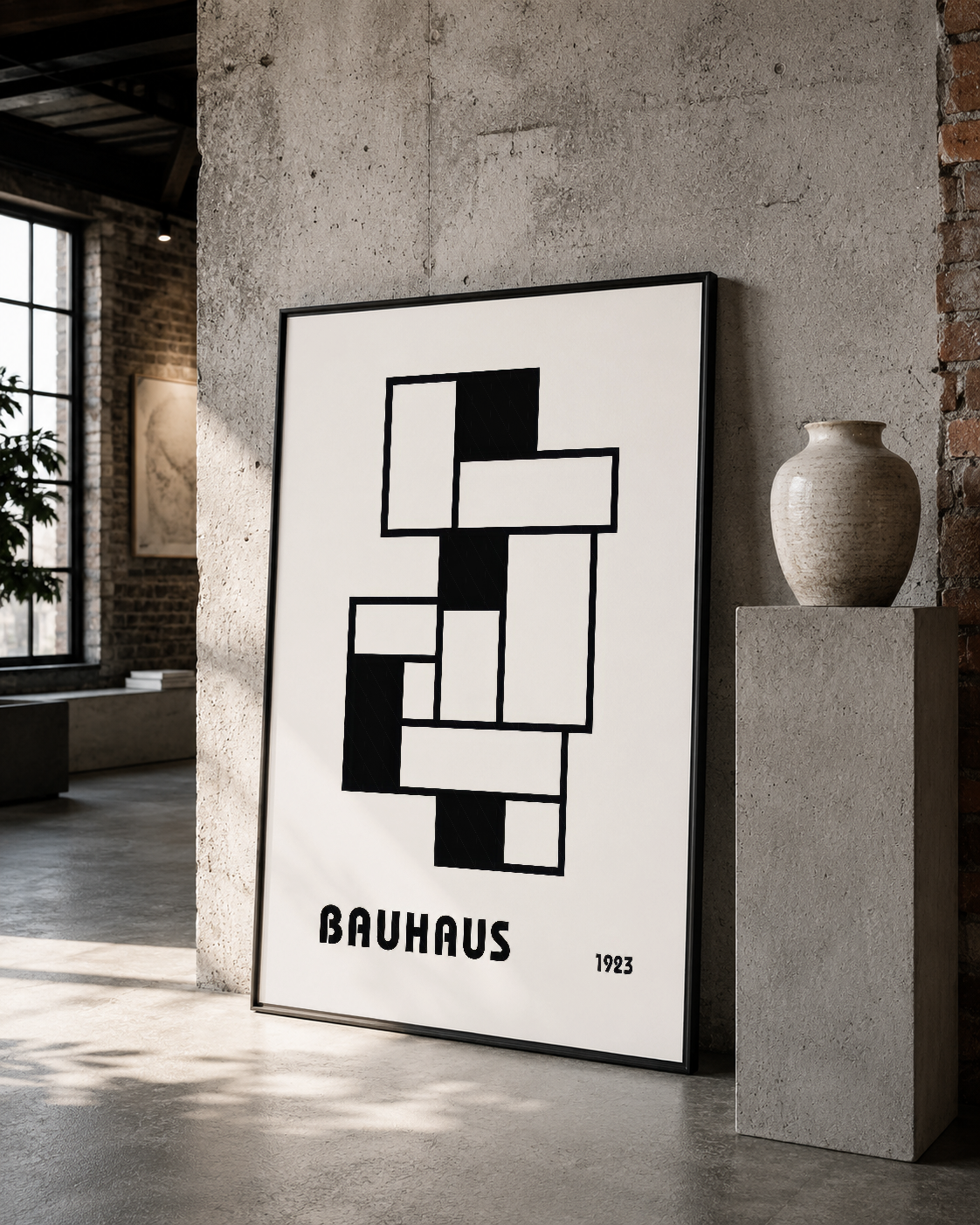 Bauhaus ikonik tasarım, siyah çerçeveli poster endüstriyel loft tarzı iç mekanda.