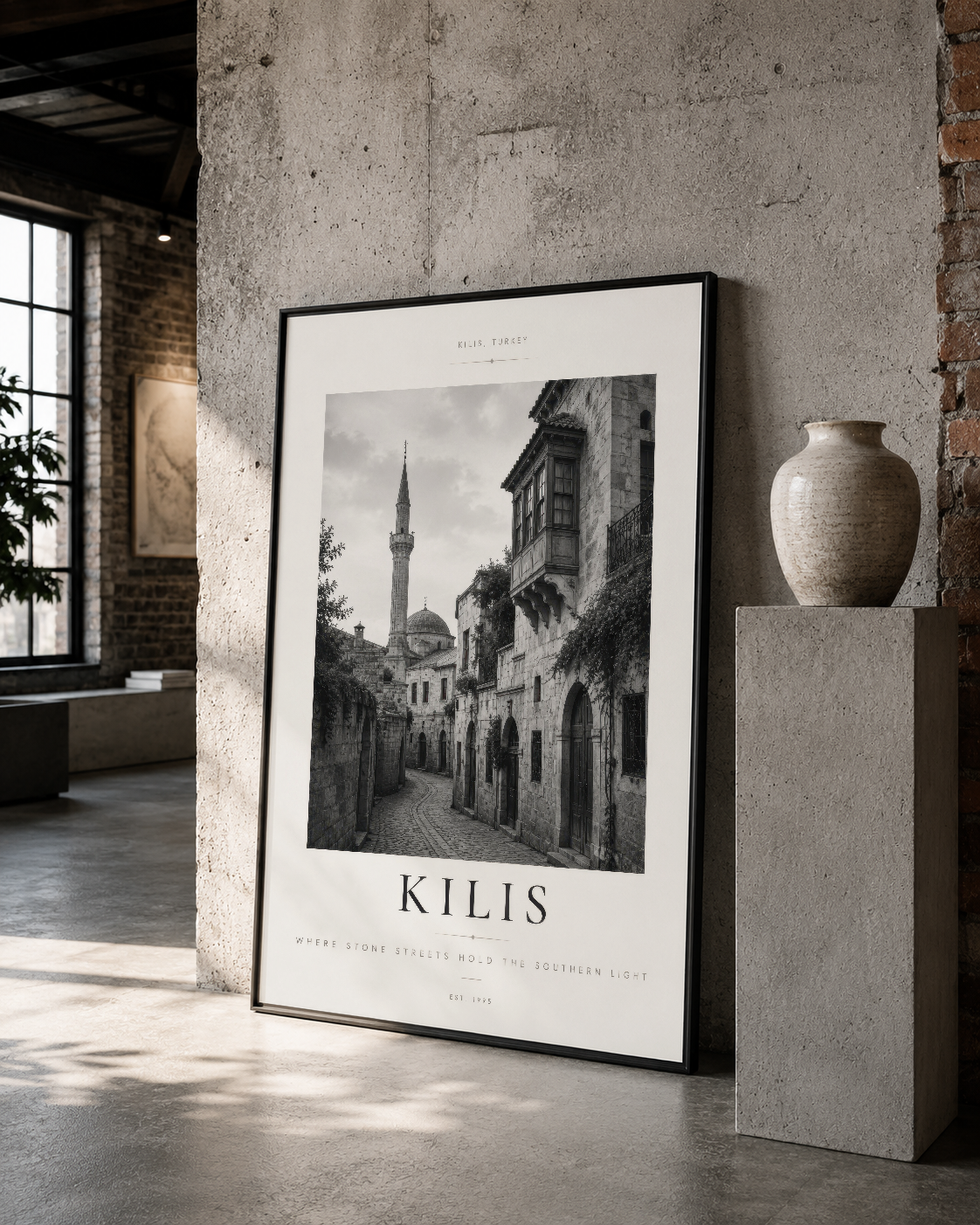 Kilis sokak fotoğrafı, siyah çerçeveli poster, loft stilinde tuğla duvar dekorasyonu.