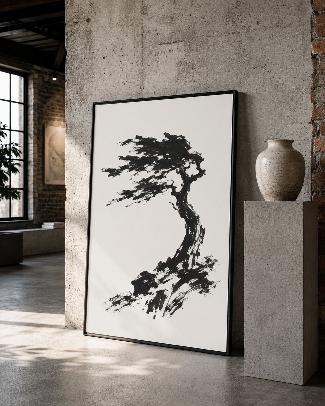 Kara mürekkeple çizilmiş buharlı bonsai ağacı, siyah çerçeveli poster, beton duvar dekorasyonu.