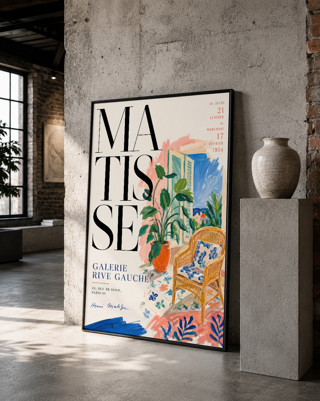 Matisse Galerie Rive Gauche posteri, siyah çerçevede, sandalye ve bitki motifleriyle renklendirilmiş.